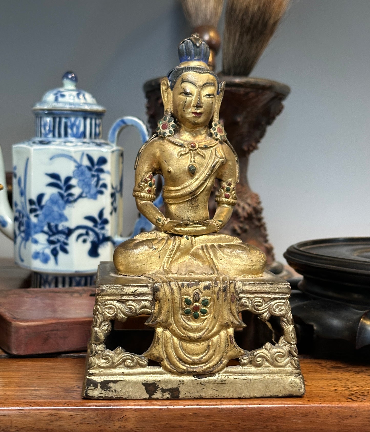 SOLD Antique Chinese Tibetan Gilt Bronze Amitayus Buddha Qianlong 18th Century 古董中国西藏鎏金铜无量寿佛 乾隆 18 世纪