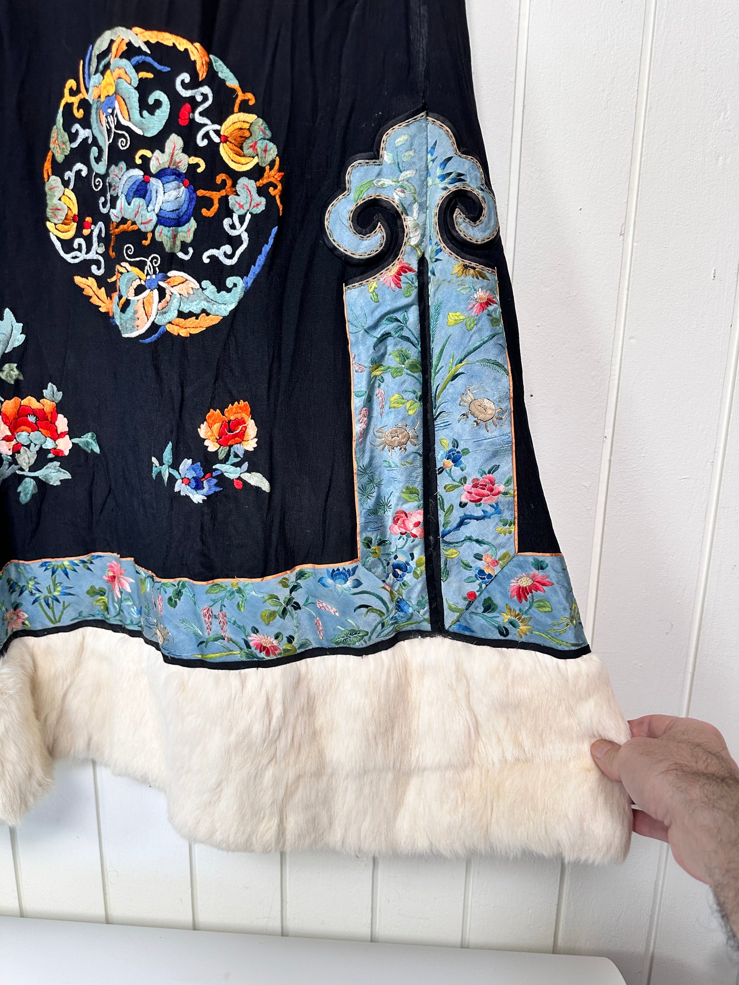 Antique Chinese Embroidered Silk and Fur Opera Coat Robe Reversible Early 20th c