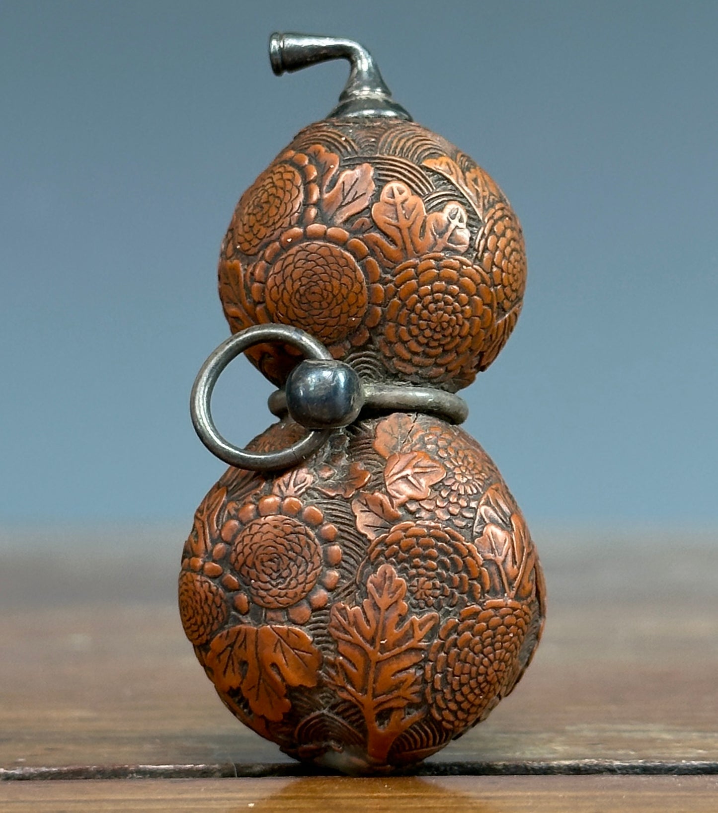 Antique Japanese Carved Gourd Netsuke Silver Fittings Edo Meiji Snuff Bottle Nut