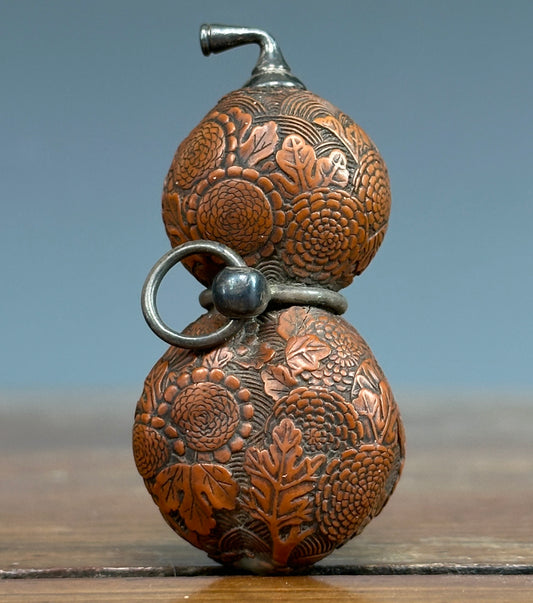 Antique Japanese Carved Gourd Netsuke Silver Fittings Edo Meiji Snuff Bottle Nut