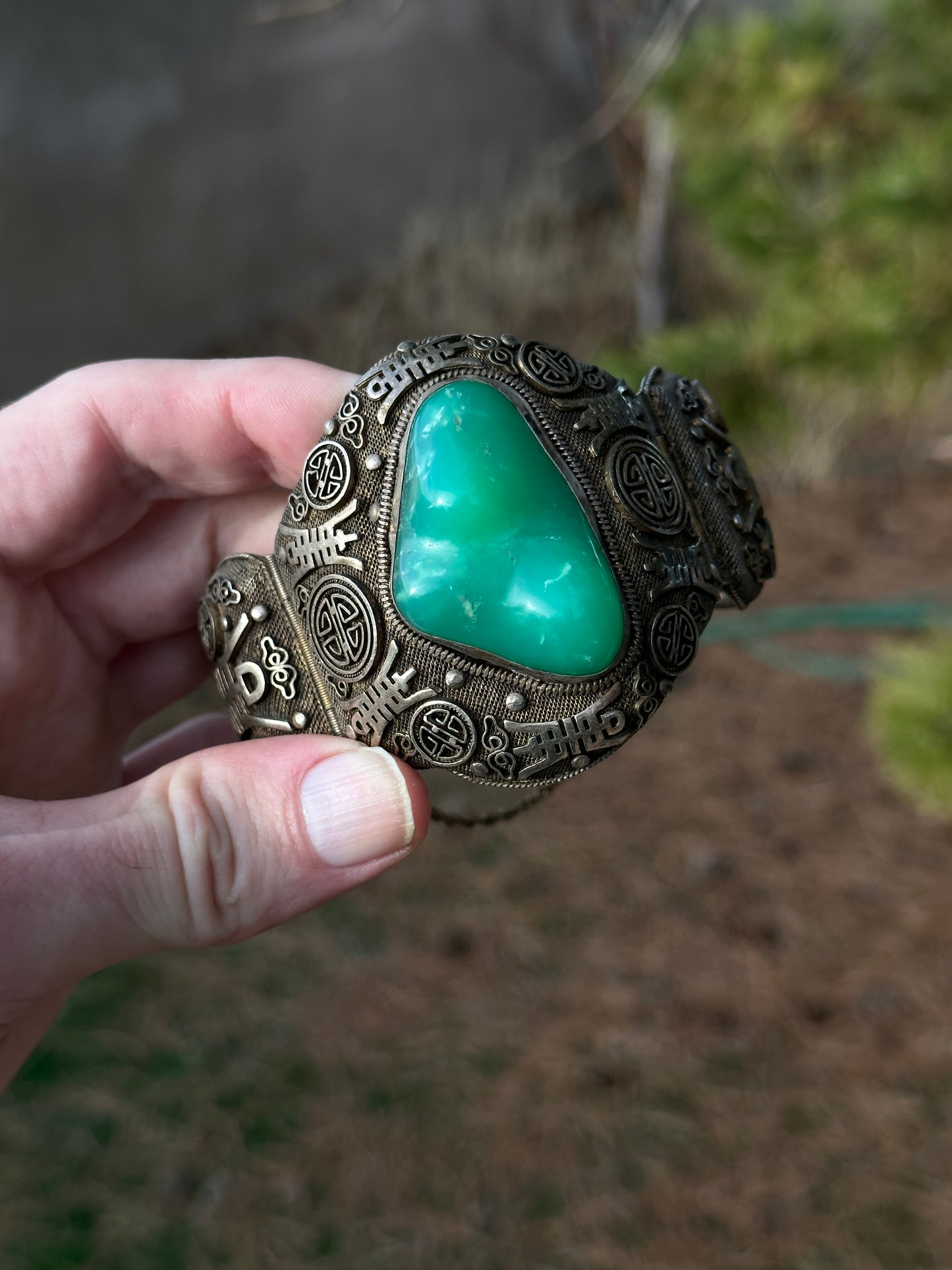 SOLD Antique Chinese Silver Filigree Vermeil Cuff Bracelet Chrysoprase 1910 Jade Like