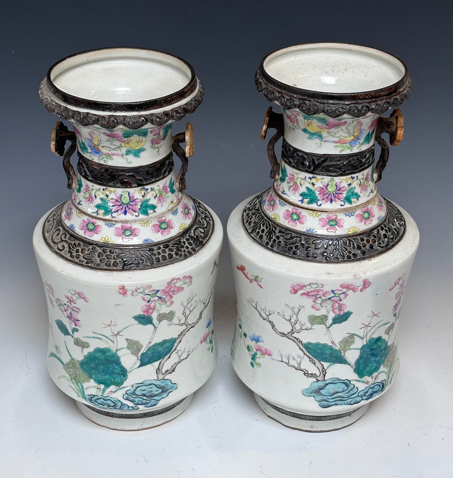 Antique Chinese Porcelain Large Mirror Pair Vases Nanking Famille Rose