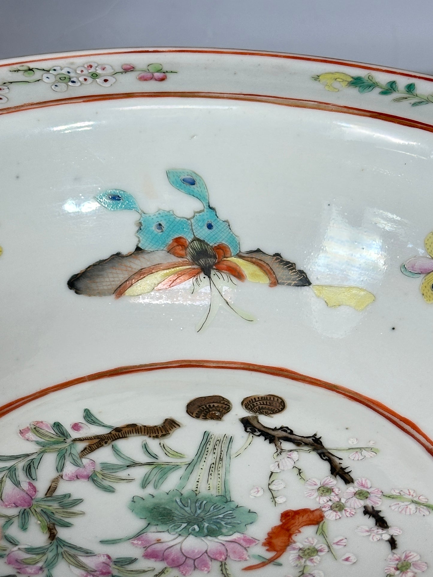 Antique Chinese Porcelain Basin Bowl “8 Butterflies” Bats Lotus Famille Rose 19th c Qing