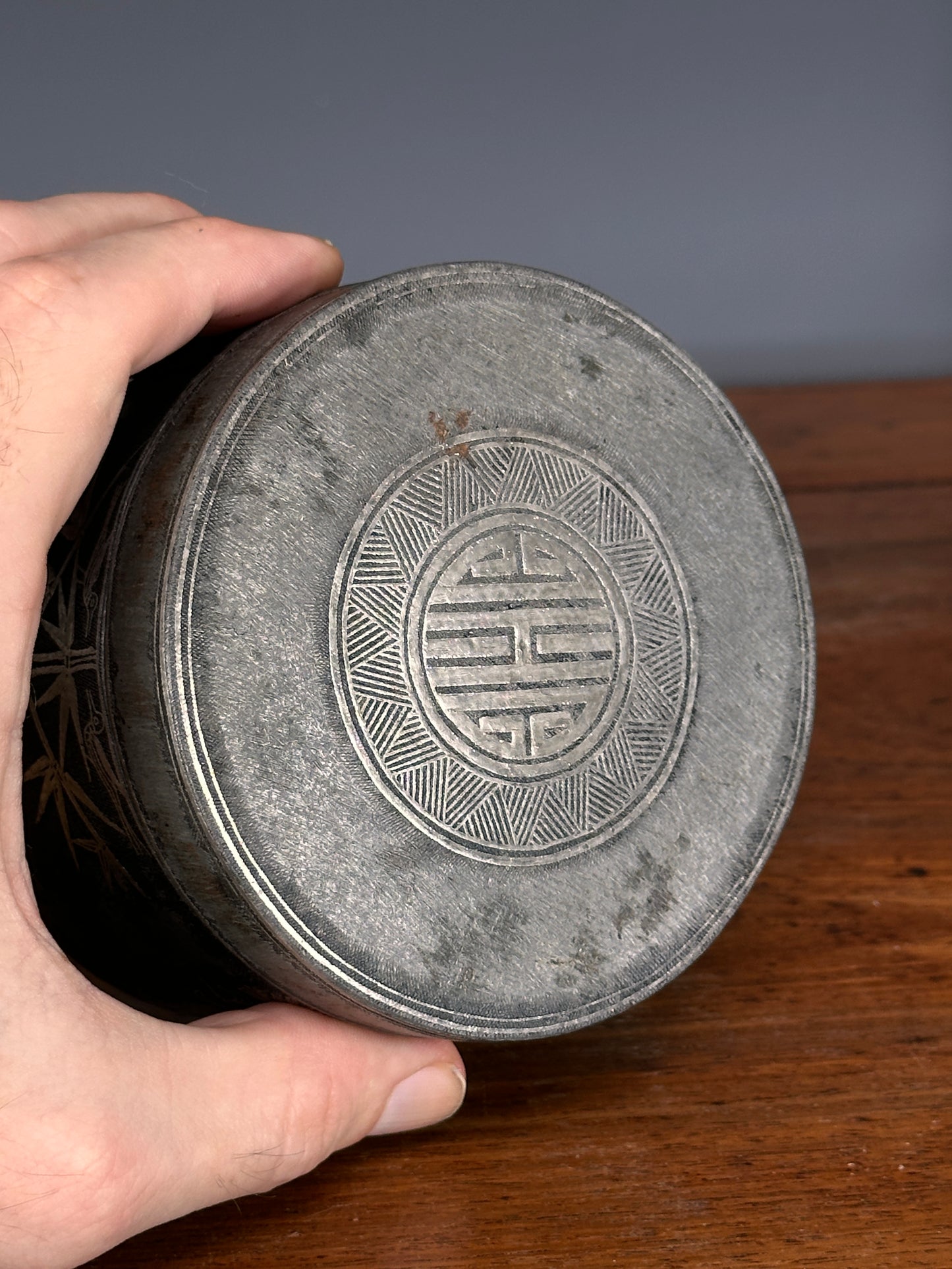 Antique Korean Silver Inlaid Iron Round Tobacco Box Joseon