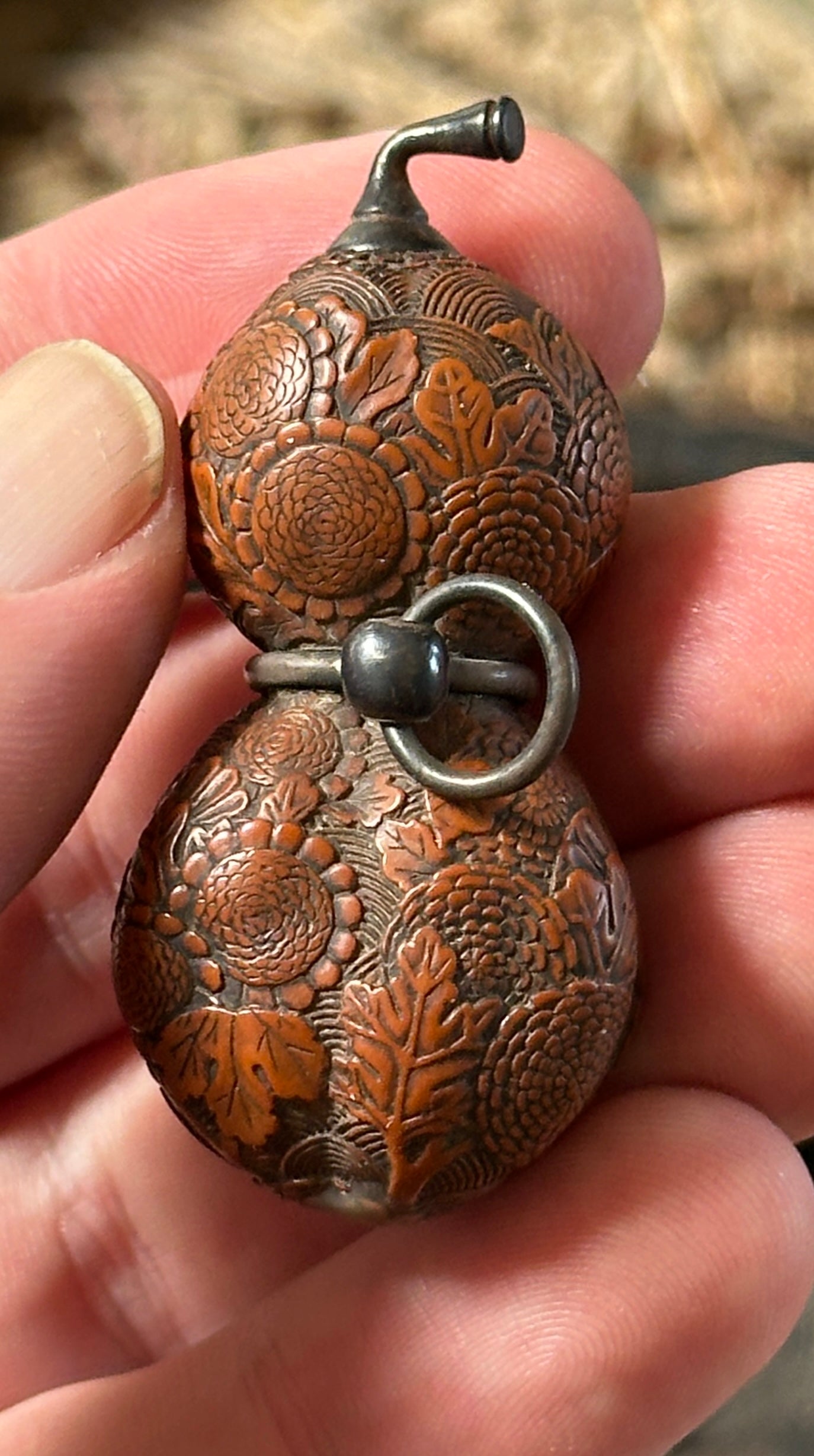 Antique Japanese Carved Gourd Netsuke Silver Fittings Edo Meiji Snuff Bottle Nut