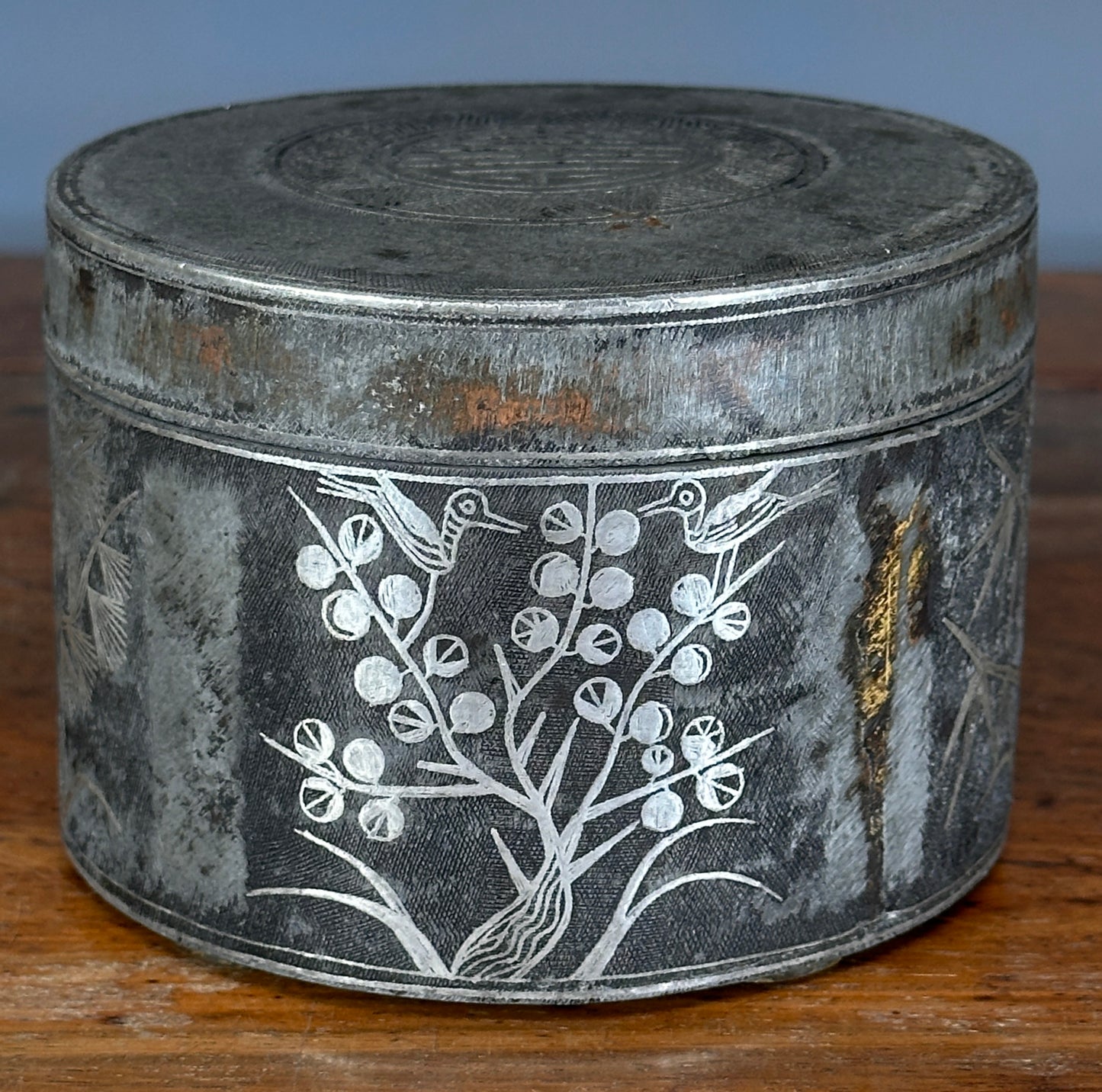 Antique Korean Silver Inlaid Iron Round Tobacco Box Joseon