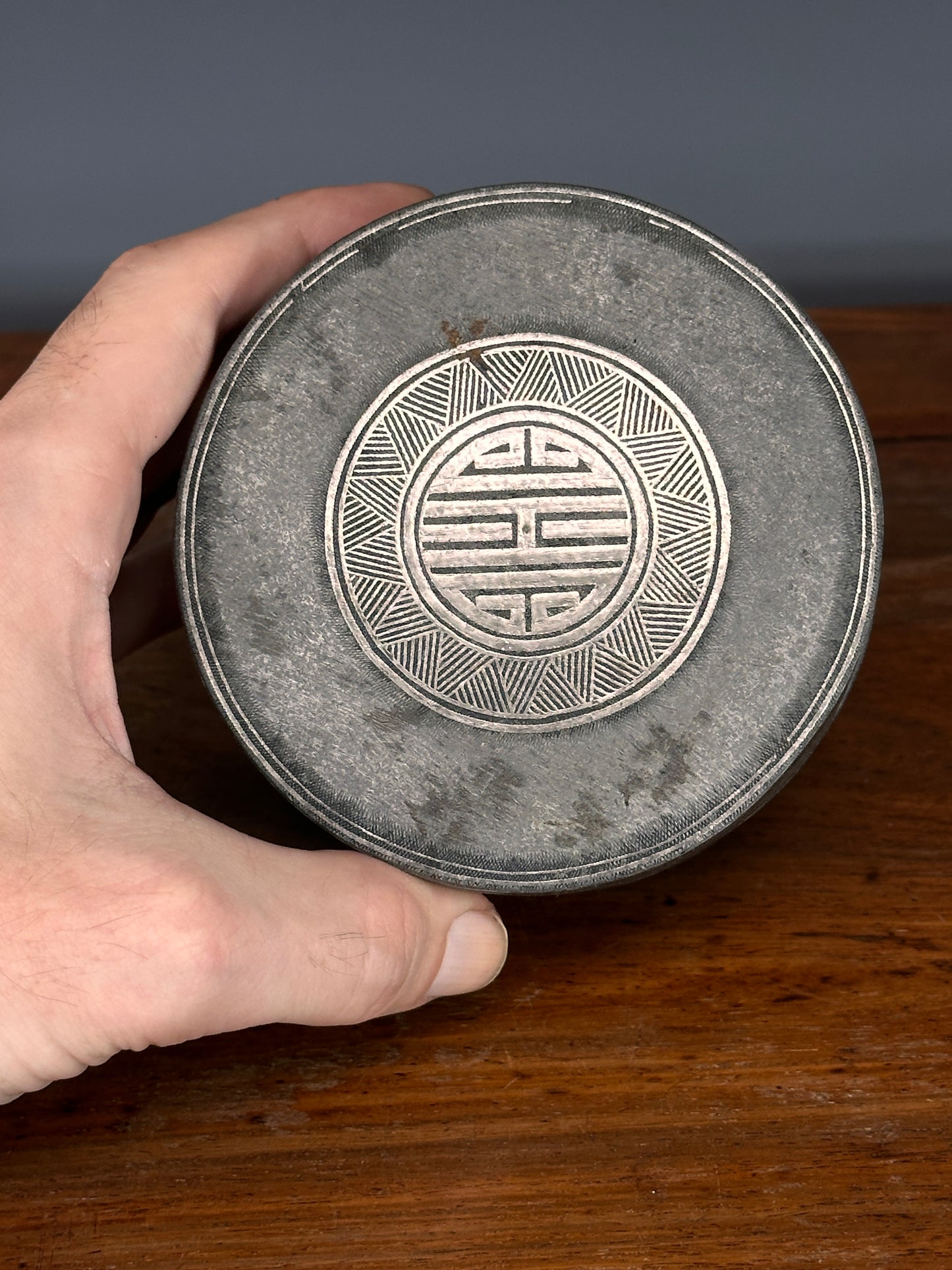 Antique Korean Silver Inlaid Iron Round Tobacco Box Joseon