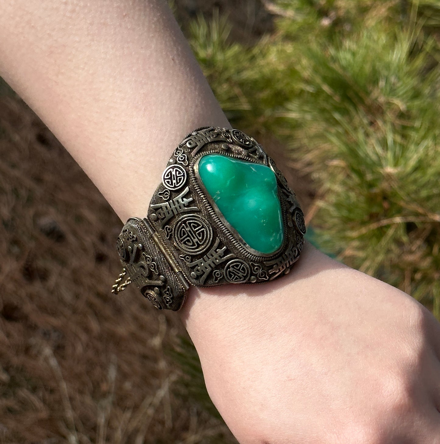 SOLD Antique Chinese Silver Filigree Vermeil Cuff Bracelet Chrysoprase 1910 Jade Like