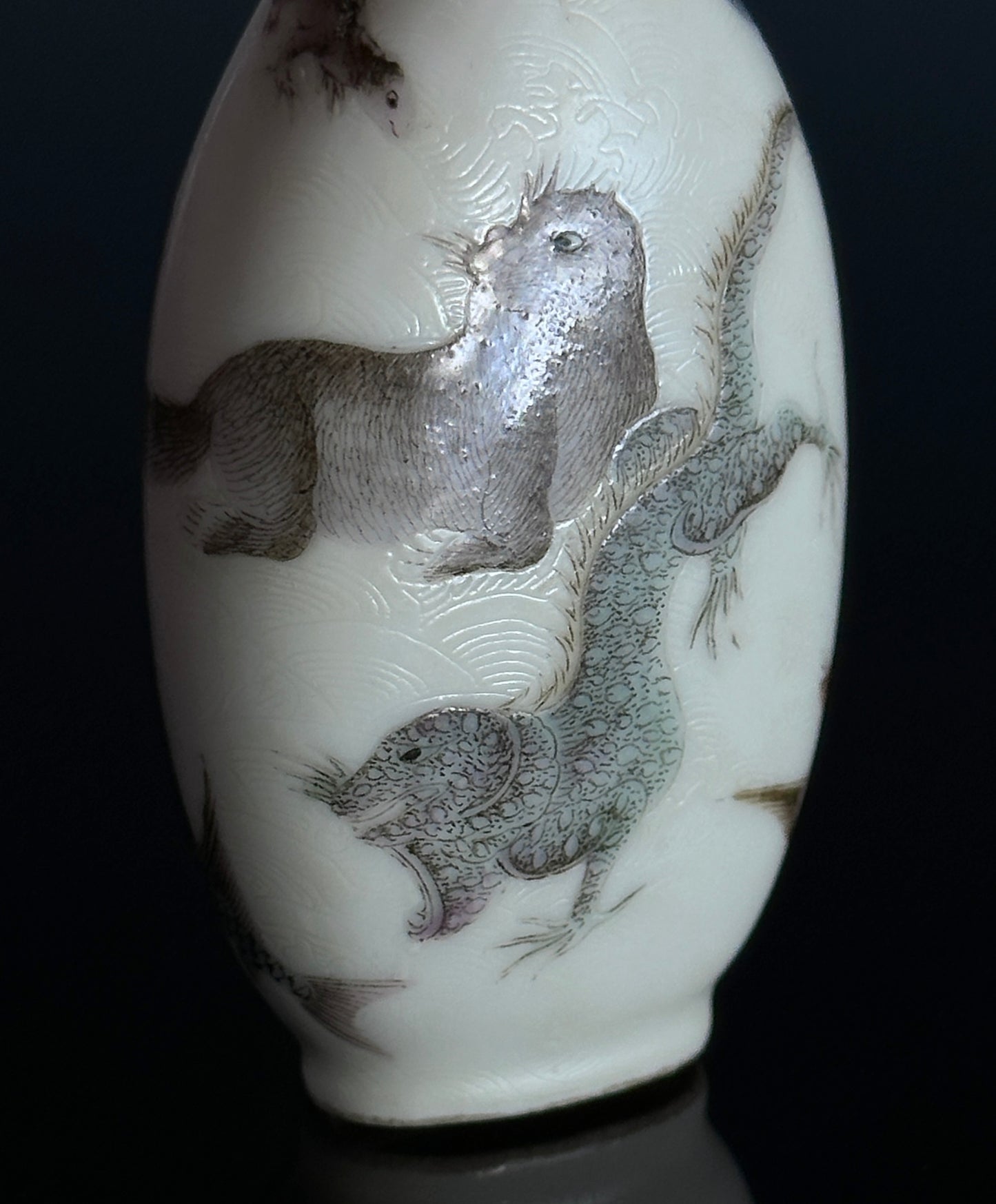 SOLD Antique Chinese Daoguang Porcelain Snuff Bottle “Eight Mythical Sea Creatures”