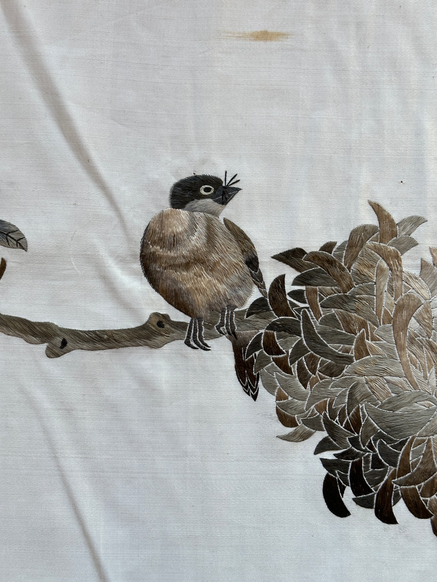 Antique Japanese Silk Embroidered Scroll Wall Hanging Panel Birds 19th Century Meiji