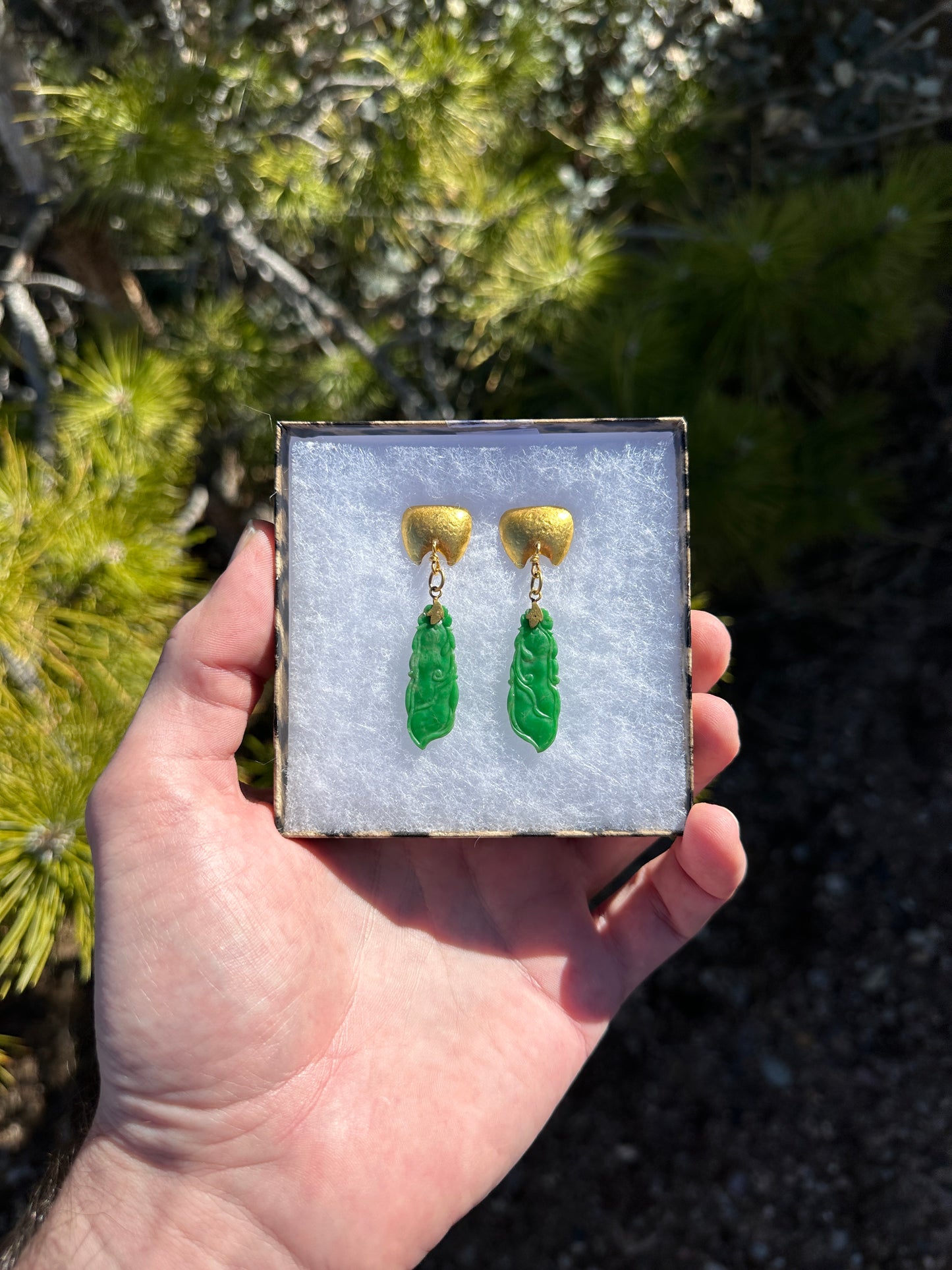 SOLD Antique Carved Apple Green Jadeite Jade “Peapods” 24k Gold Earrings Signed