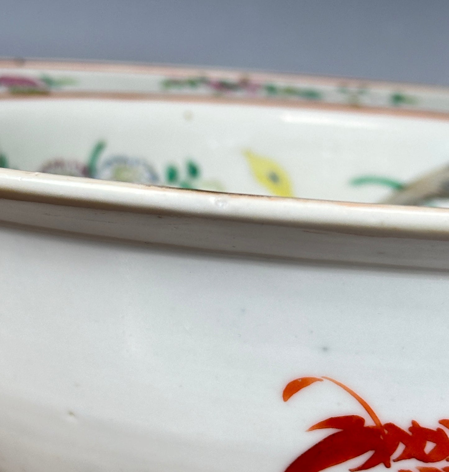 Antique Chinese Porcelain Basin Bowl “8 Butterflies” Bats Lotus Famille Rose 19th c Qing