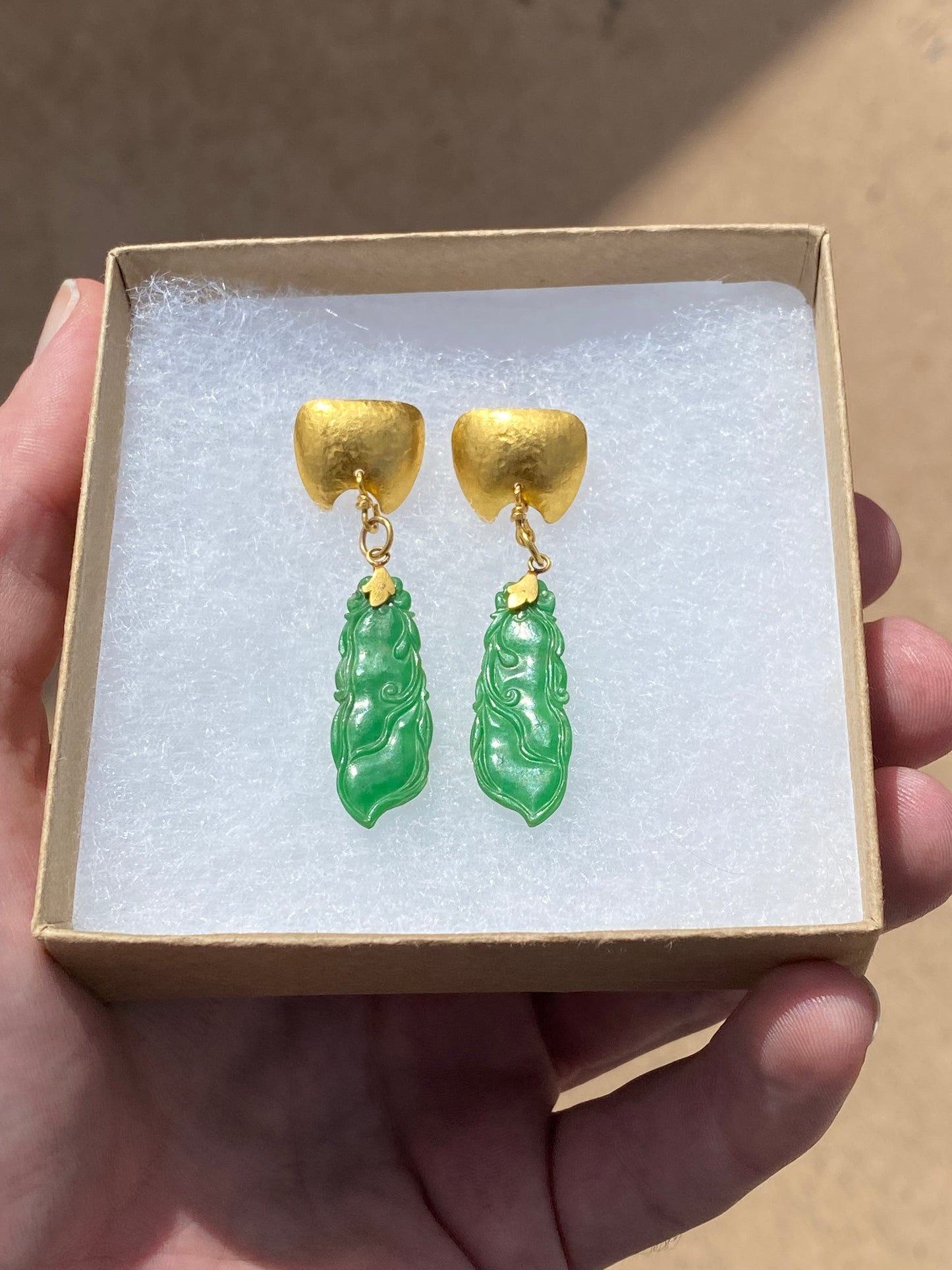 SOLD Antique Carved Apple Green Jadeite Jade “Peapods” 24k Gold Earrings Signed