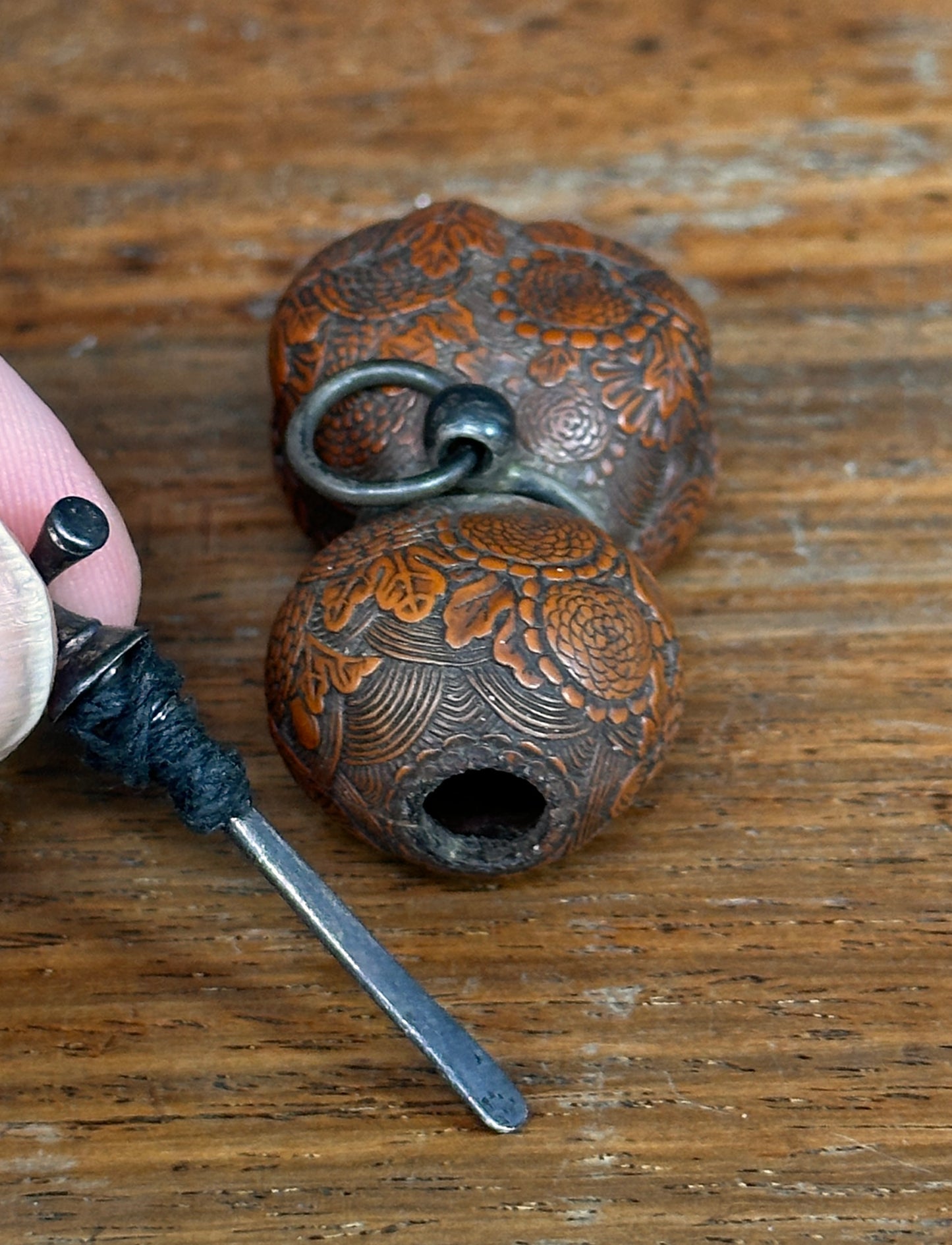 Antique Japanese Carved Gourd Netsuke Silver Fittings Edo Meiji Snuff Bottle Nut