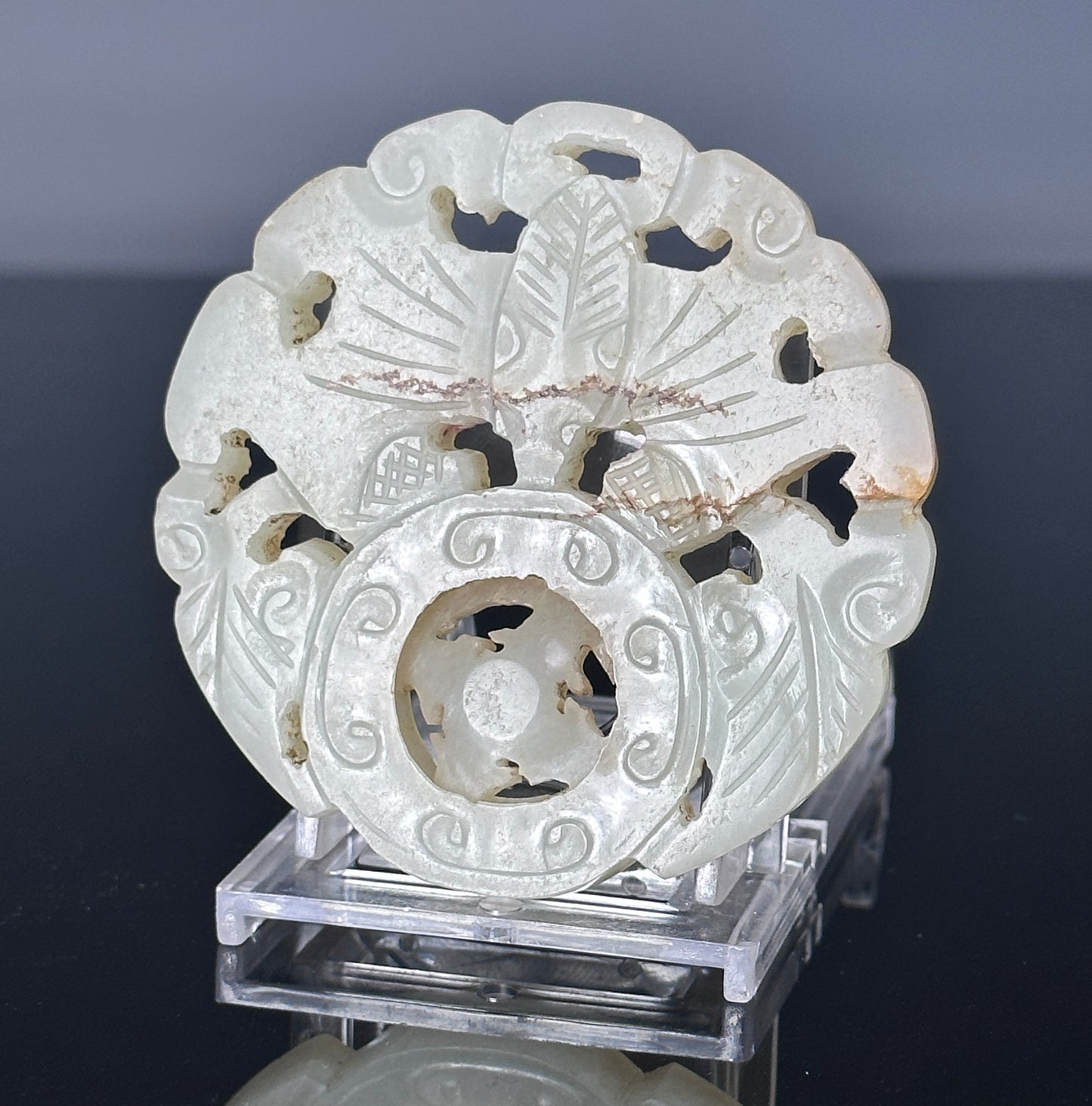 SOLD Antique Chinese Carved White Jade Prayer Wheel Bat Pendant Nephrite Qing 19th c