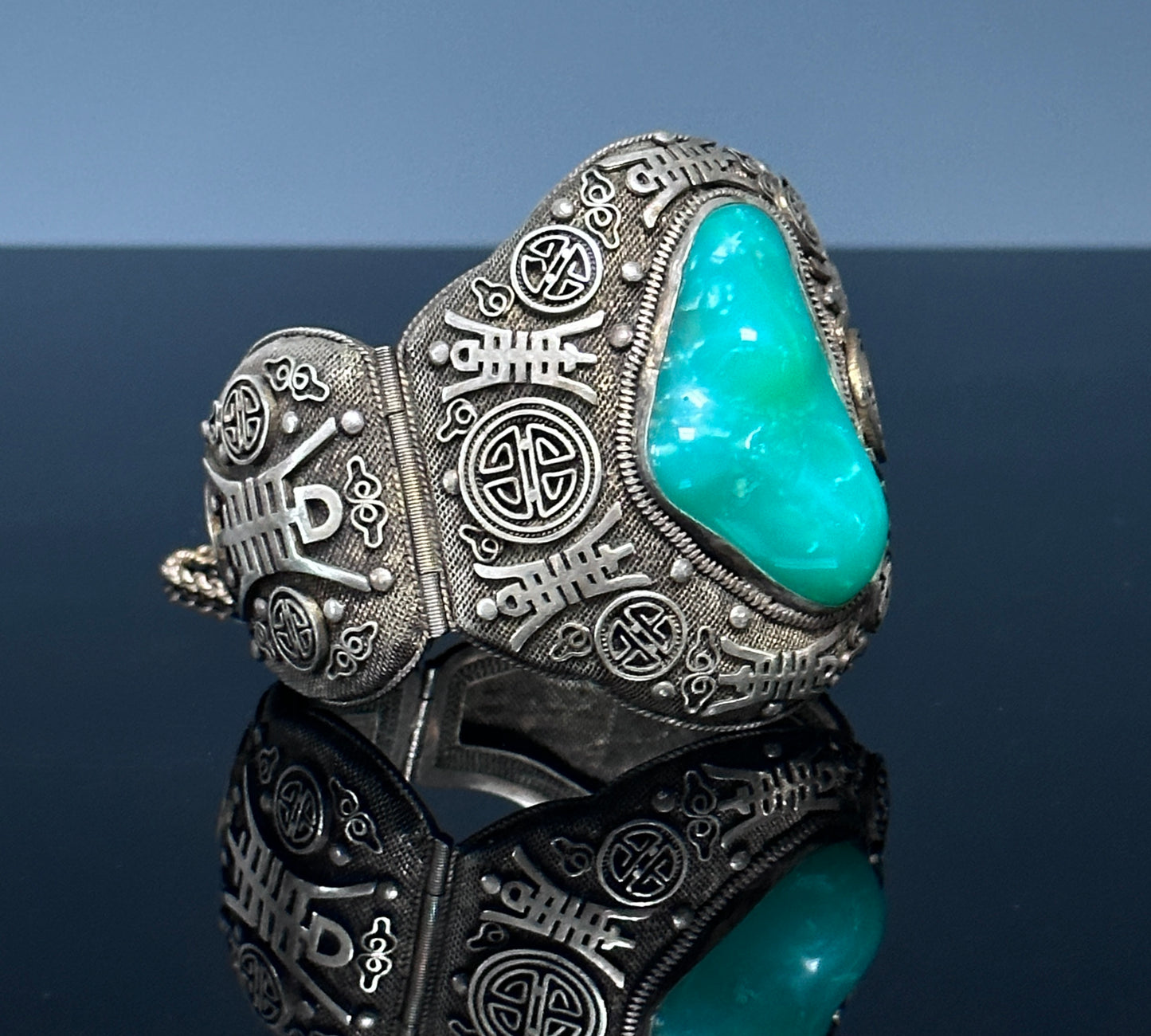 SOLD Antique Chinese Silver Filigree Vermeil Cuff Bracelet Chrysoprase 1910 Jade Like