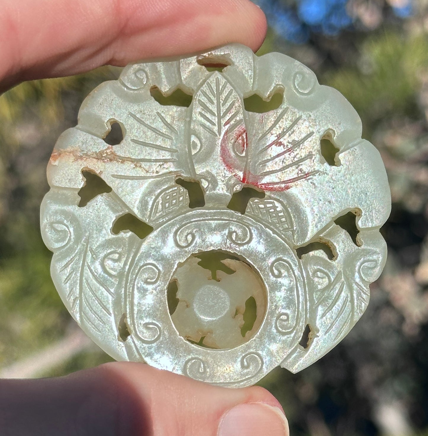 SOLD Antique Chinese Carved White Jade Prayer Wheel Bat Pendant Nephrite Qing 19th c