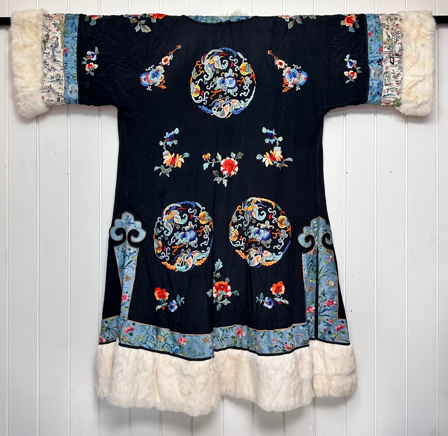 Antique Chinese Embroidered Silk and Fur Opera Coat Robe Reversible Early 20th c