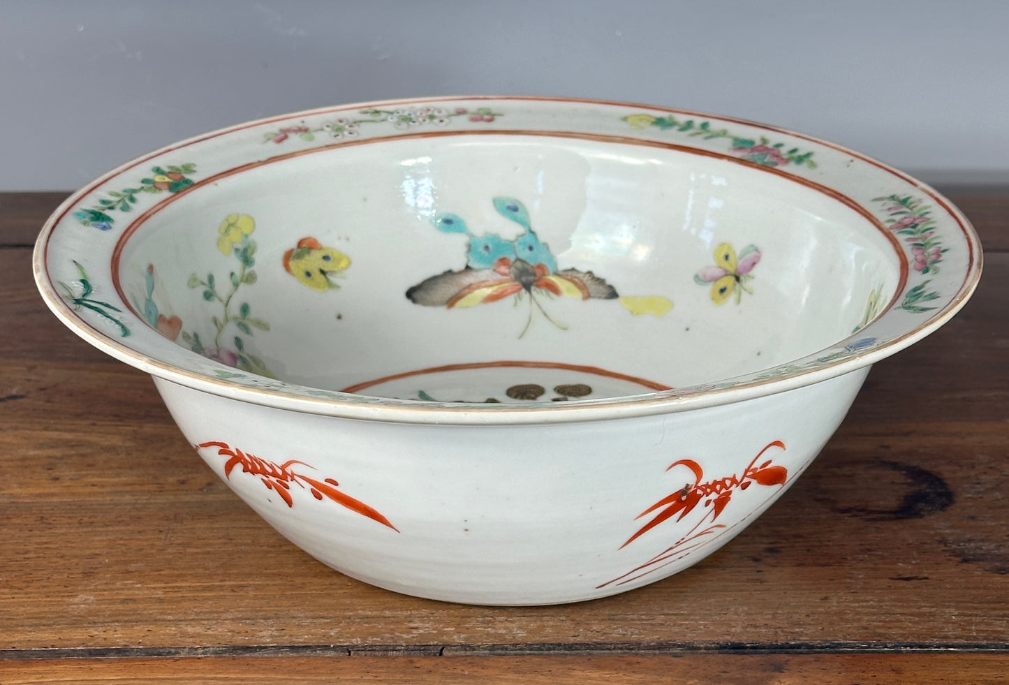 Antique Chinese Porcelain Basin Bowl “8 Butterflies” Bats Lotus Famille Rose 19th c Qing