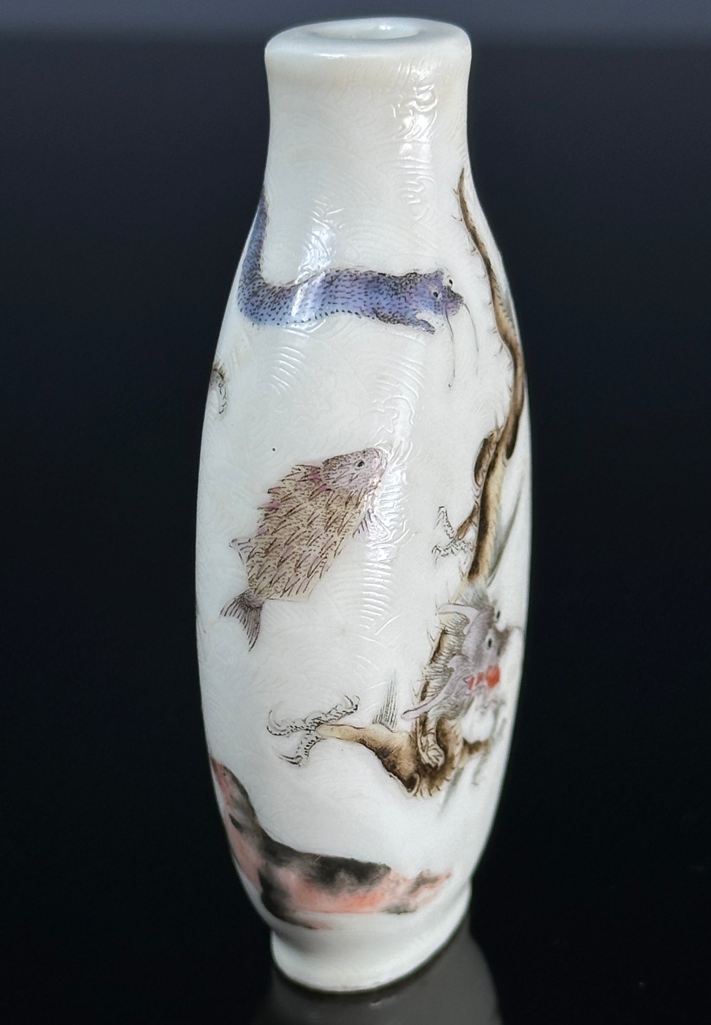 SOLD Antique Chinese Daoguang Porcelain Snuff Bottle “Eight Mythical Sea Creatures”