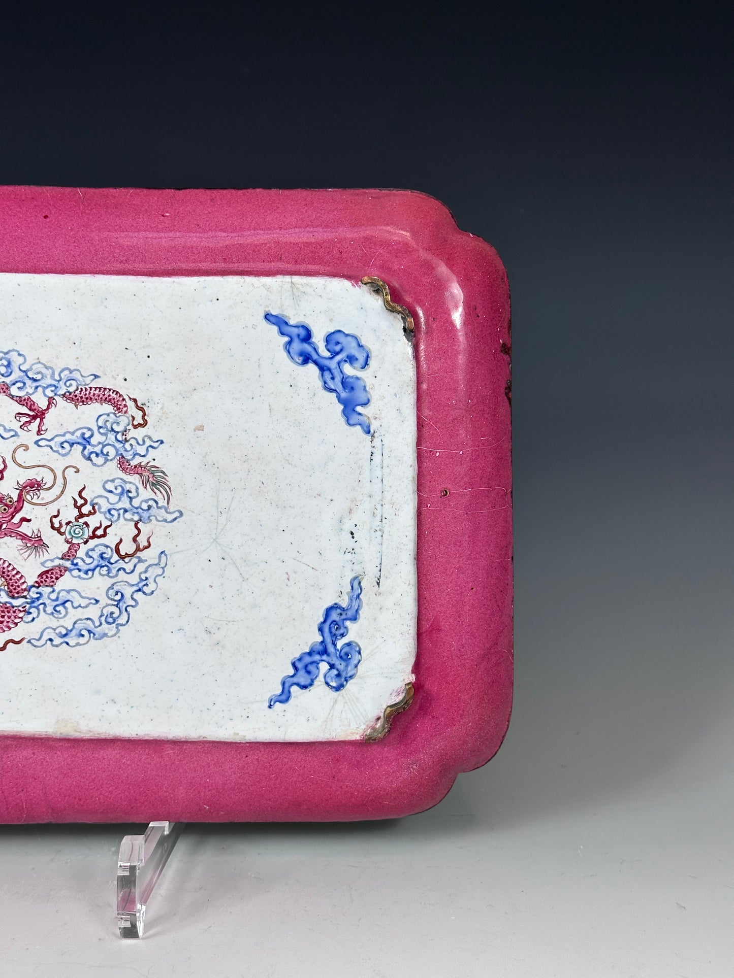 SOLD Antique Chinese Canton Enamel Ruby Back Yongzheng “12 Beauties” Dragon Tray 1730