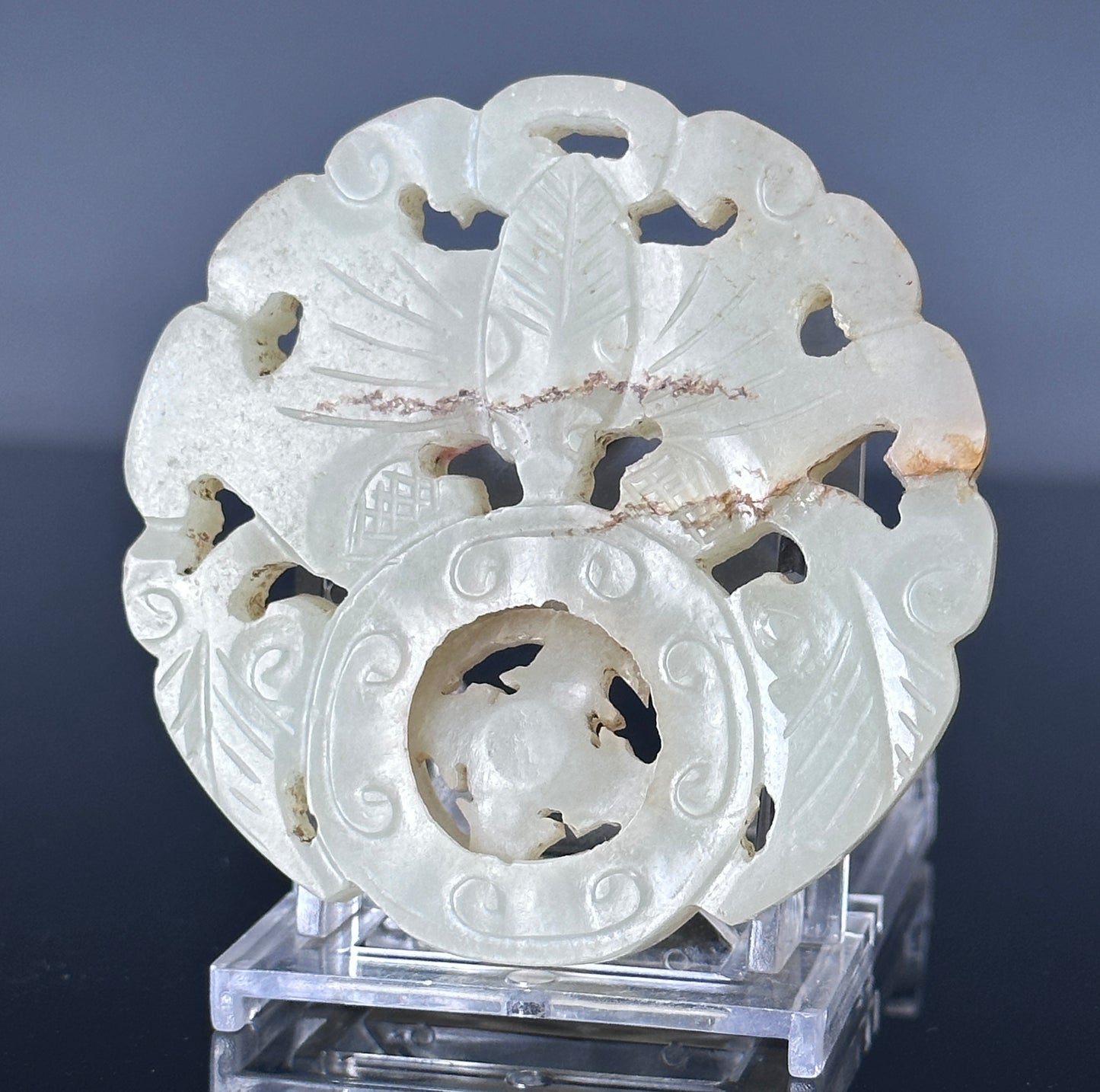 SOLD Antique Chinese Carved White Jade Prayer Wheel Bat Pendant Nephrite Qing 19th c