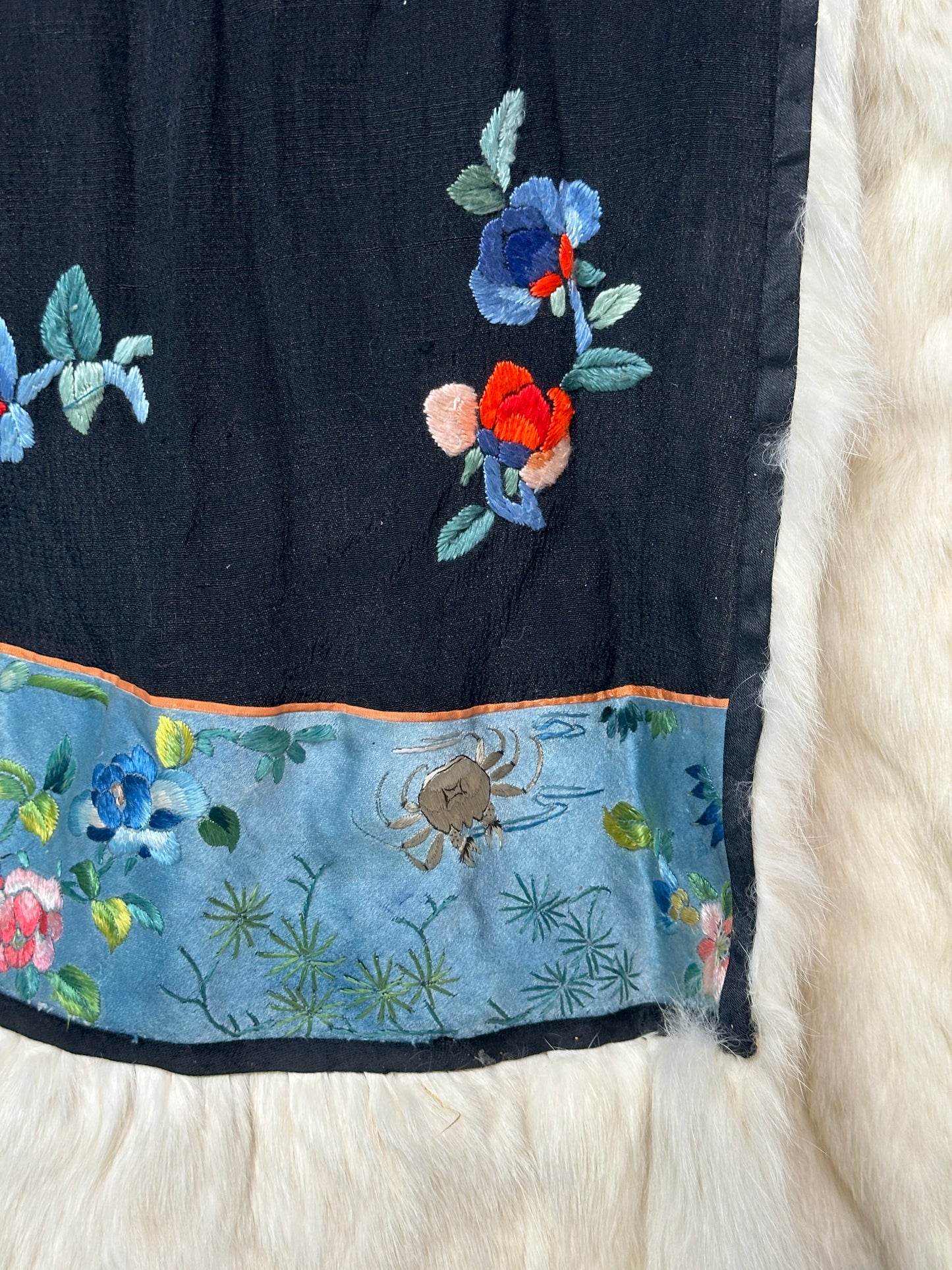 Antique Chinese Embroidered Silk and Fur Opera Coat Robe Reversible Early 20th c