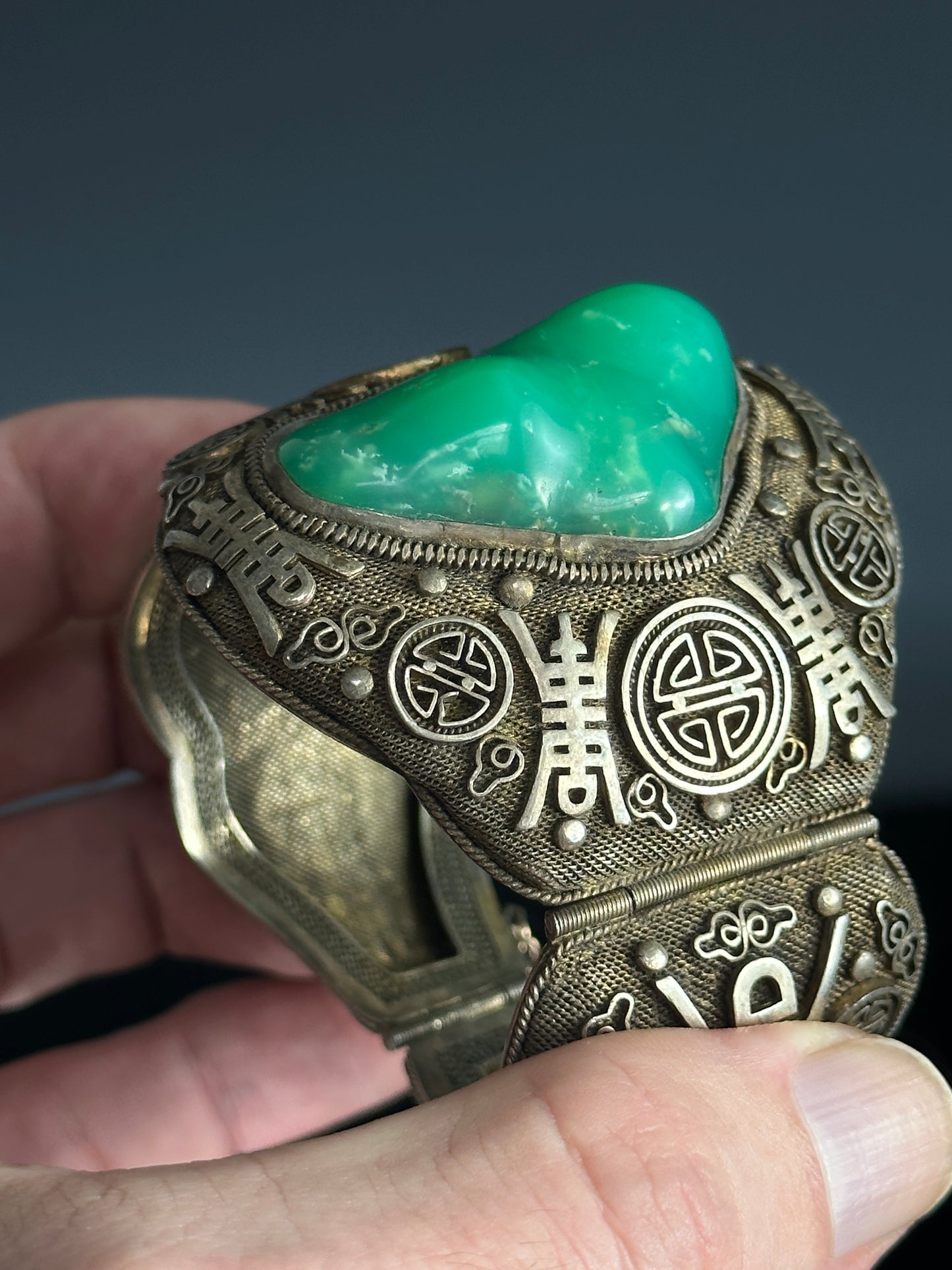 SOLD Antique Chinese Silver Filigree Vermeil Cuff Bracelet Chrysoprase 1910 Jade Like