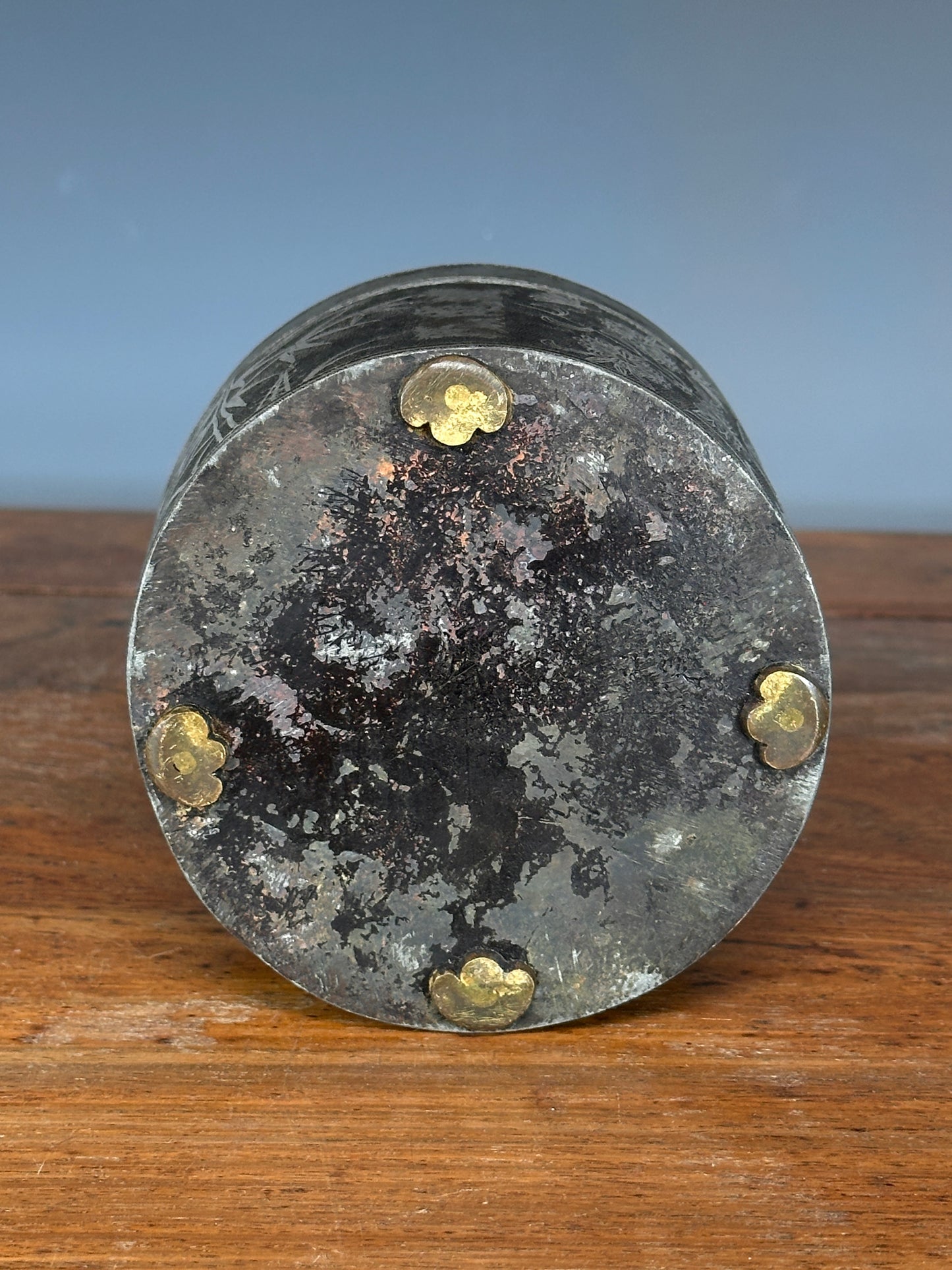 Antique Korean Silver Inlaid Iron Round Tobacco Box Joseon