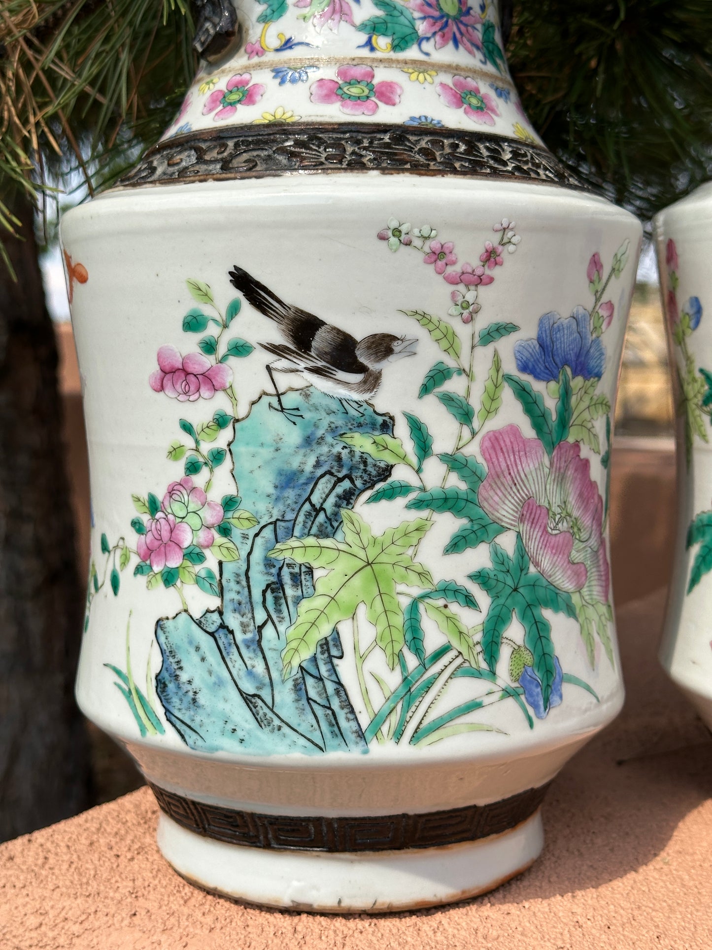 Antique Chinese Porcelain Large Mirror Pair Vases Nanking Famille Rose