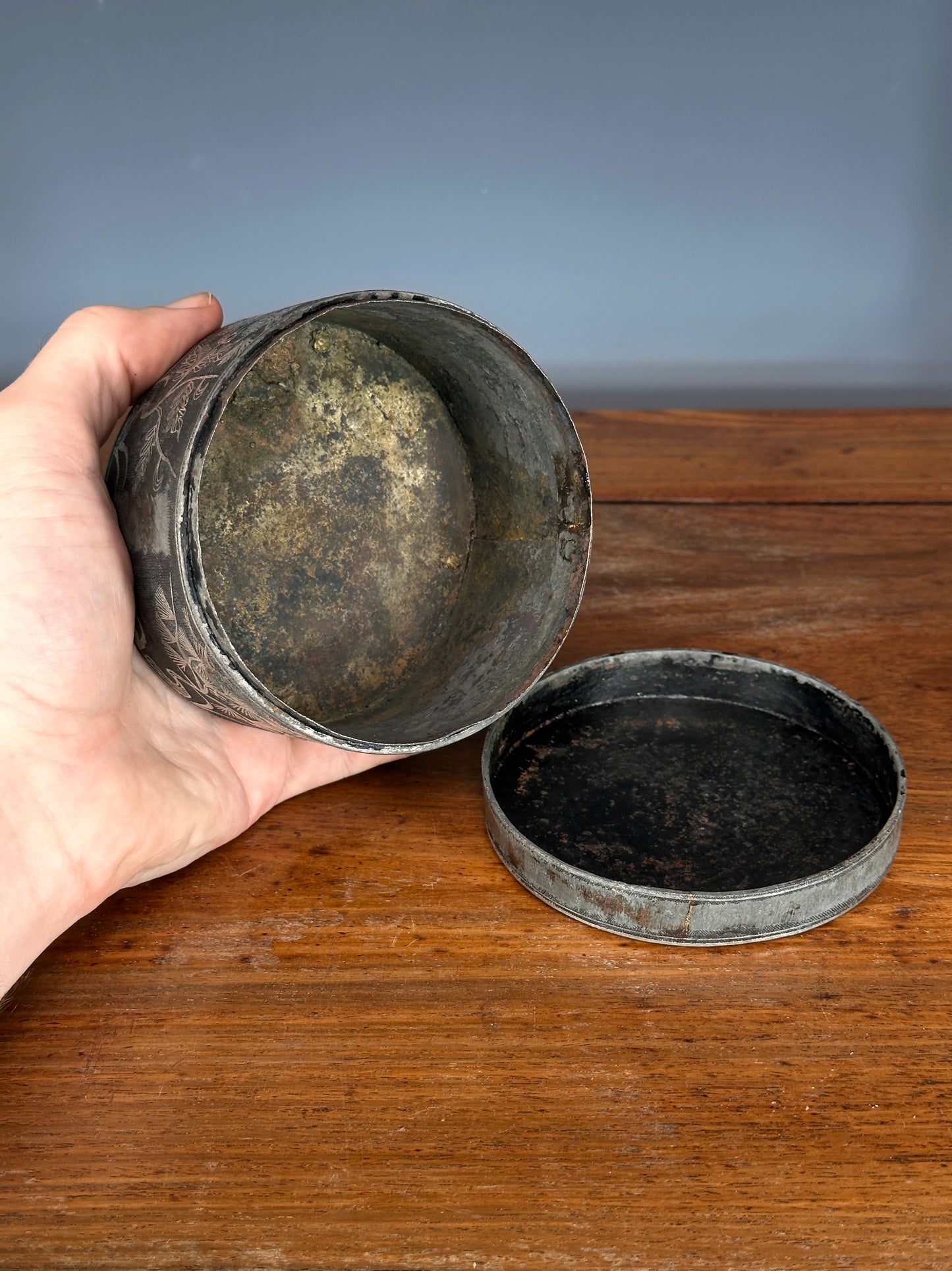 Antique Korean Silver Inlaid Iron Round Tobacco Box Joseon