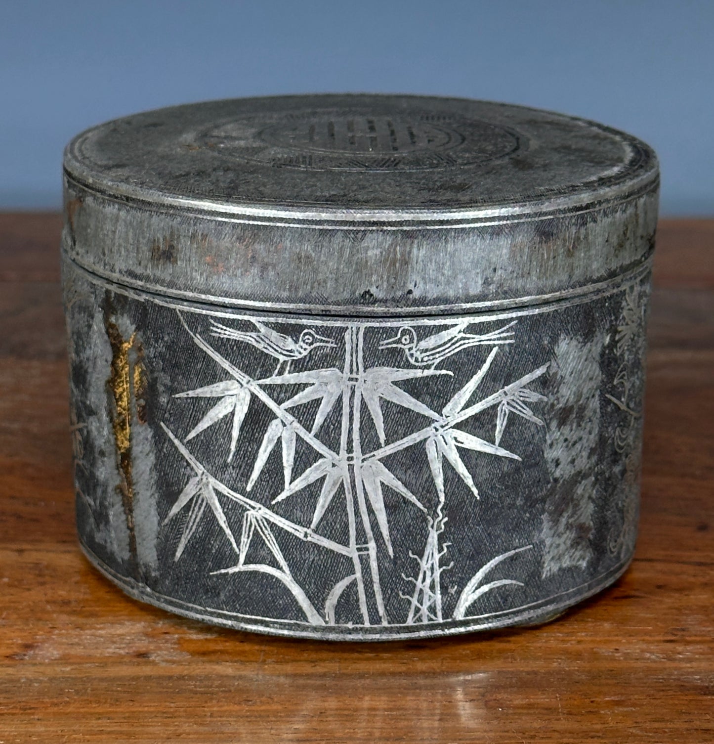 Antique Korean Silver Inlaid Iron Round Tobacco Box Joseon