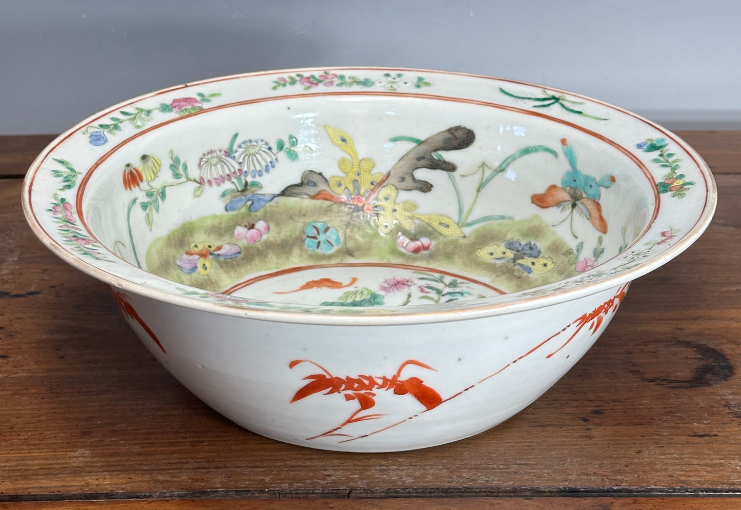 Antique Chinese Porcelain Basin Bowl “8 Butterflies” Bats Lotus Famille Rose 19th c Qing
