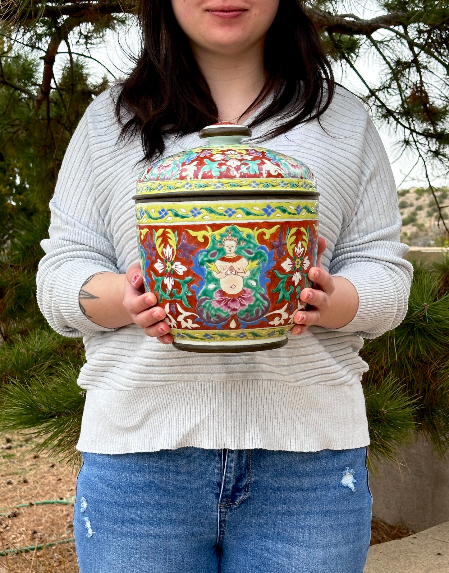 SOLD Antique Chinese Porcelain Bencharong HUGE Toh Lidded Jar Bowl Thai Market 19th c