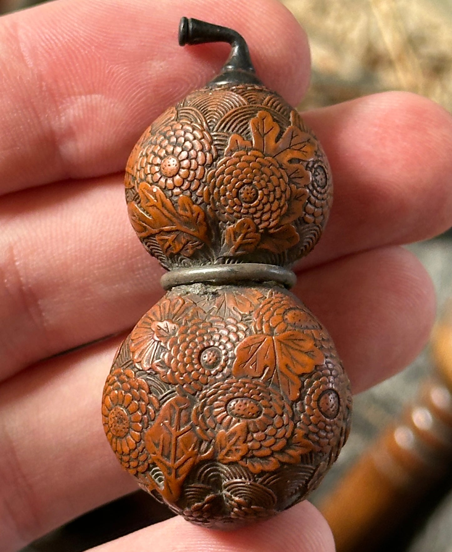 Antique Japanese Carved Gourd Netsuke Silver Fittings Edo Meiji Snuff Bottle Nut