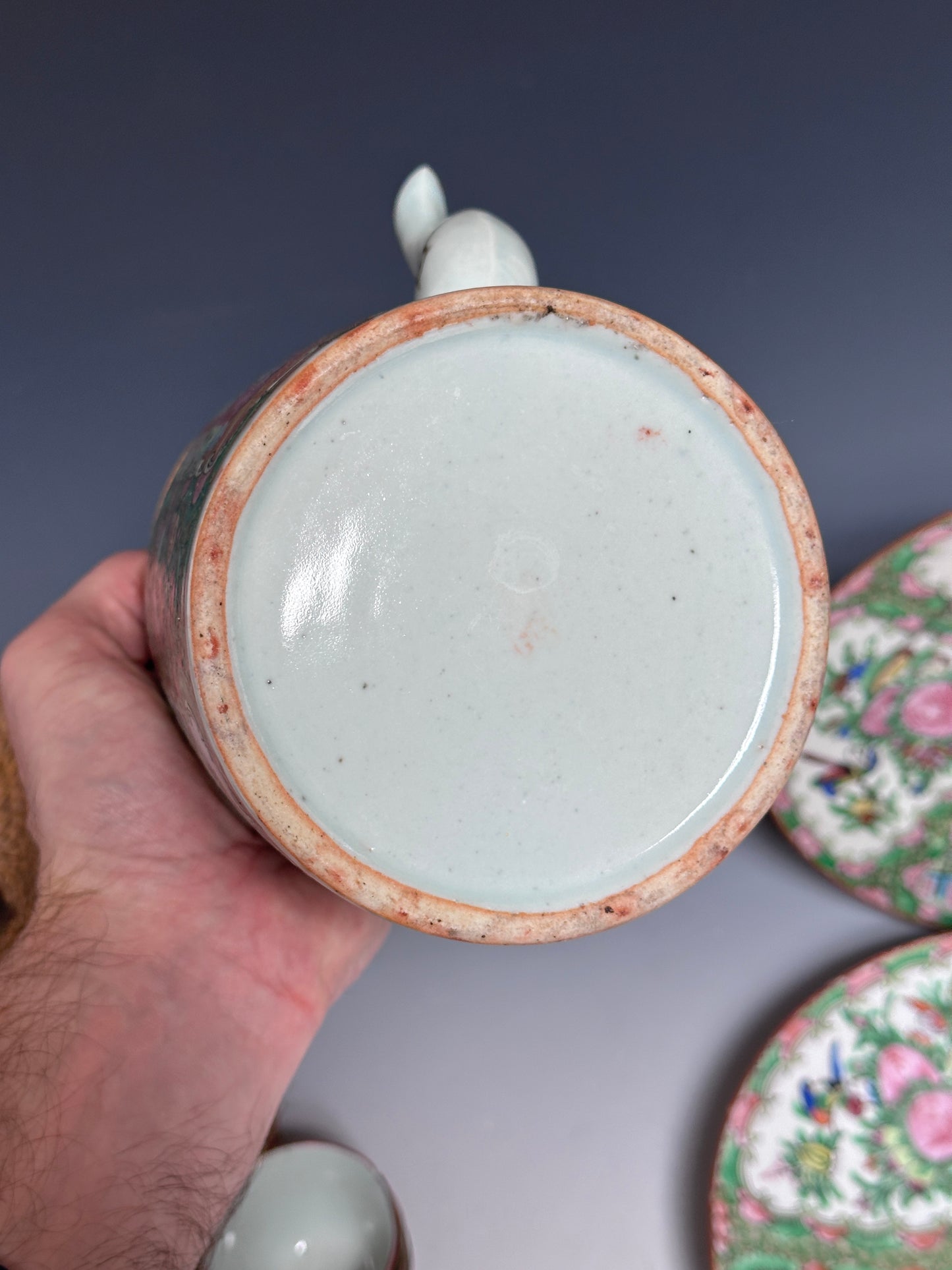 Antique Chinese Porcelain Tea Set Rose Medallion Teapot 8 Cups 4 Dinner Plates