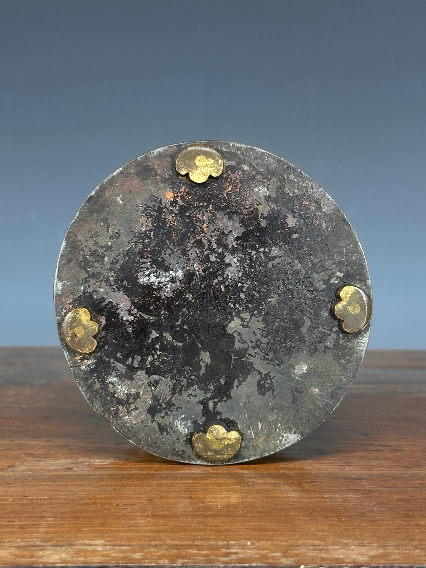 Antique Korean Silver Inlaid Iron Round Tobacco Box Joseon