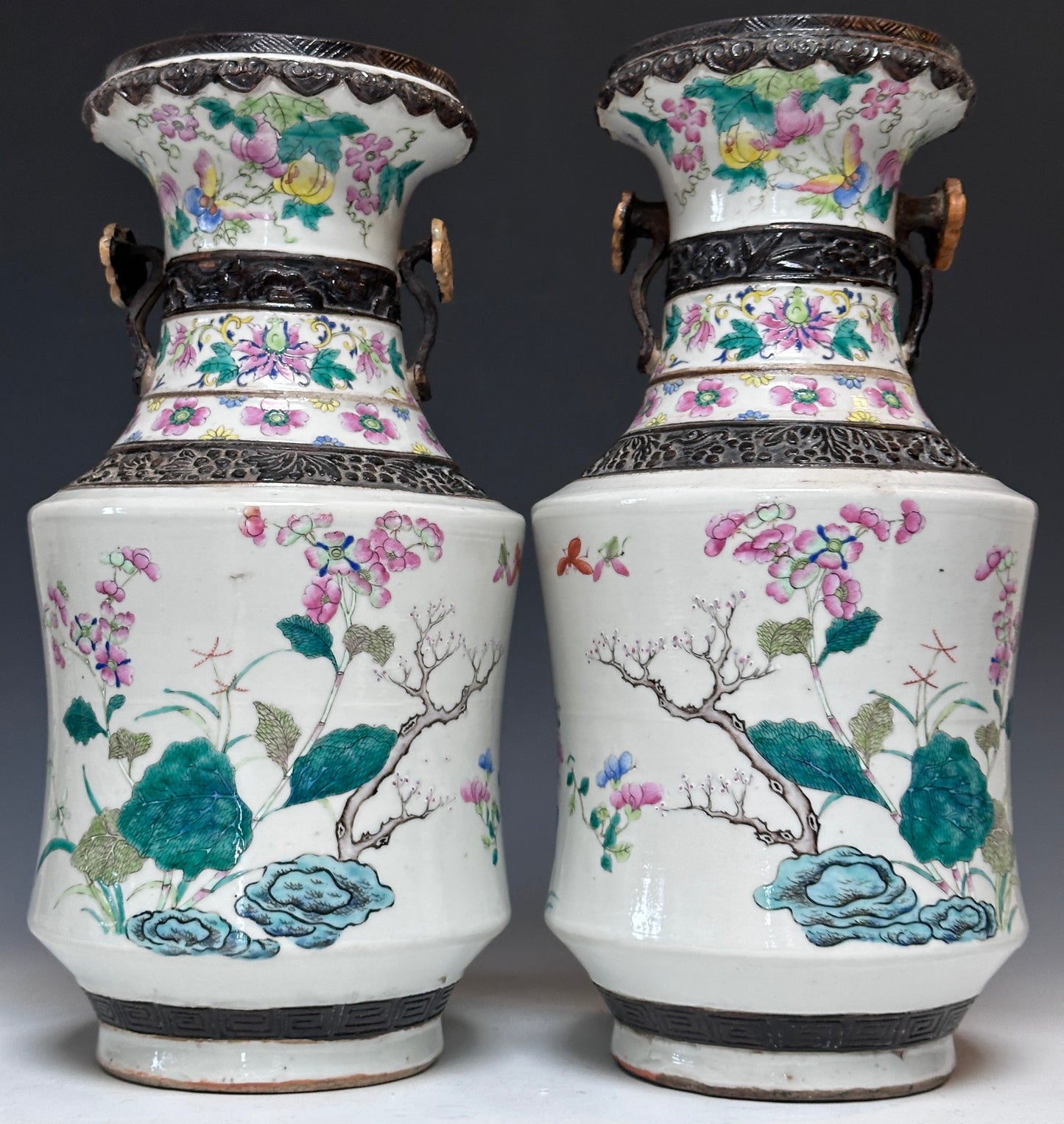 Antique Chinese Porcelain Large Mirror Pair Vases Nanking Famille Rose