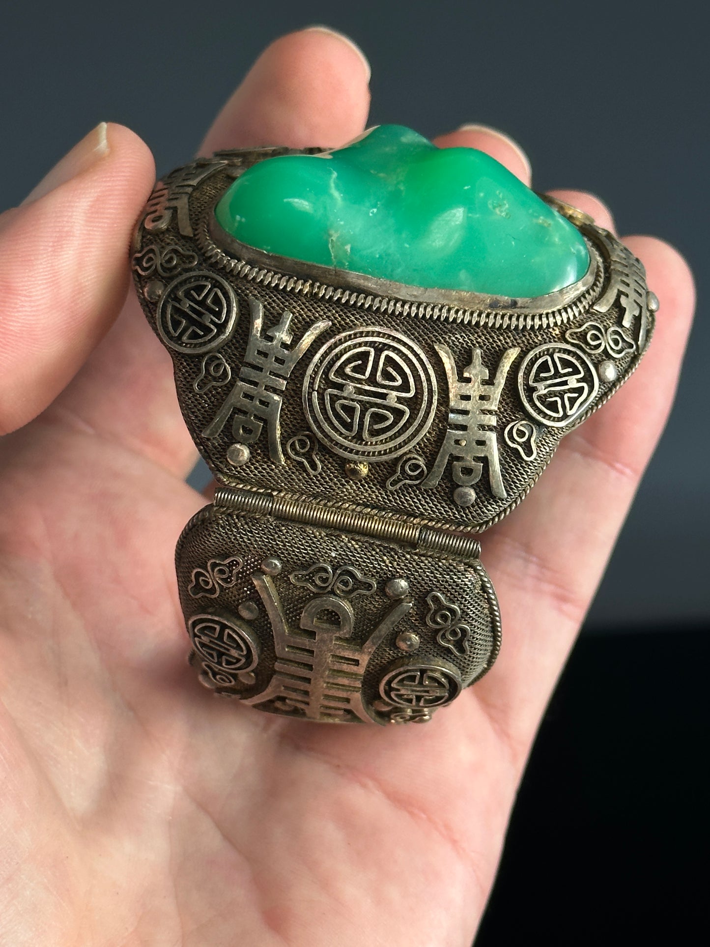 SOLD Antique Chinese Silver Filigree Vermeil Cuff Bracelet Chrysoprase 1910 Jade Like