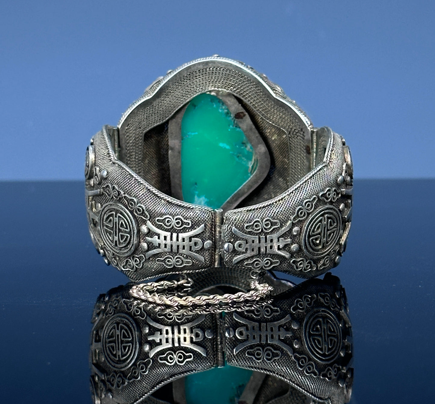 SOLD Antique Chinese Silver Filigree Vermeil Cuff Bracelet Chrysoprase 1910 Jade Like