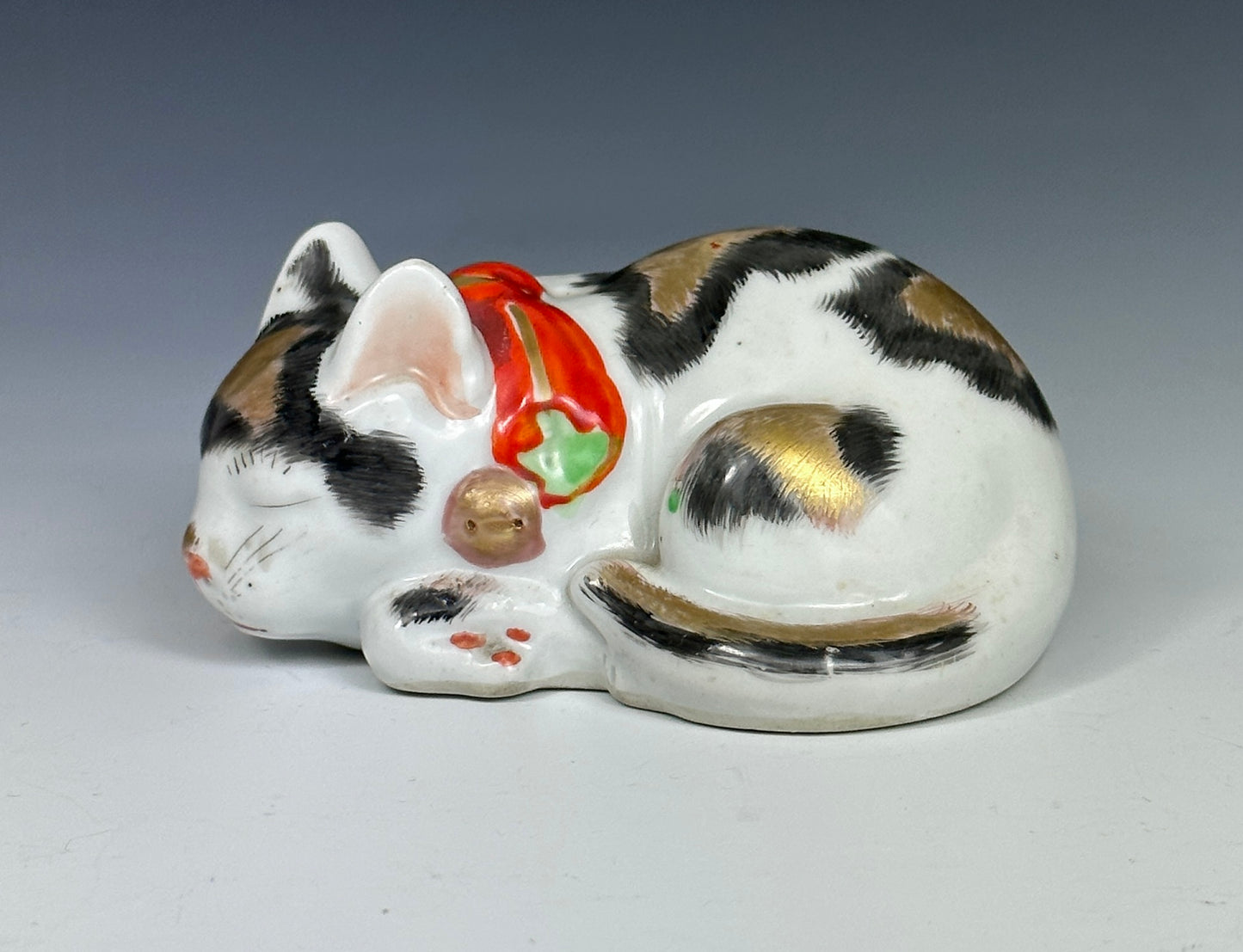 Antique Japanese Porcelain Maneki Neko Sleeping Cat Kutani Seto Meiji 19th