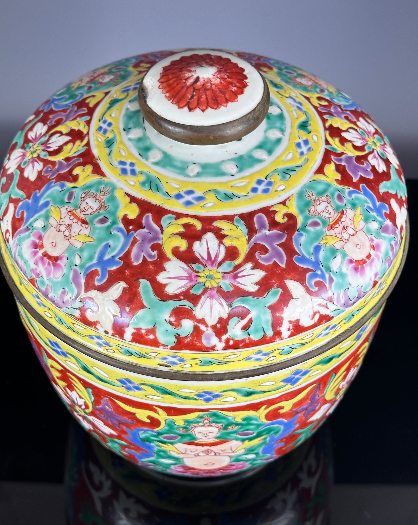 SOLD Antique Chinese Porcelain Bencharong HUGE Toh Lidded Jar Bowl Thai Market 19th c