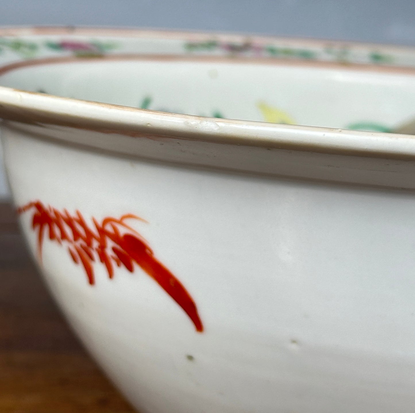 Antique Chinese Porcelain Basin Bowl “8 Butterflies” Bats Lotus Famille Rose 19th c Qing