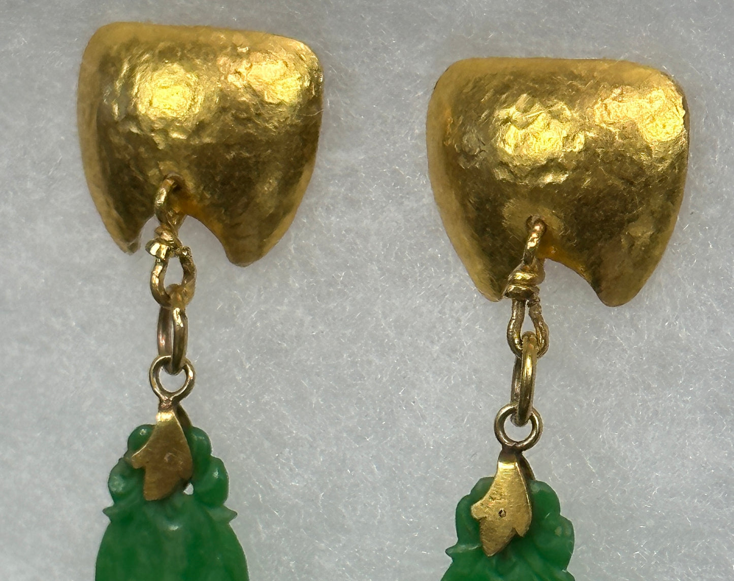 SOLD Antique Carved Apple Green Jadeite Jade “Peapods” 24k Gold Earrings Signed