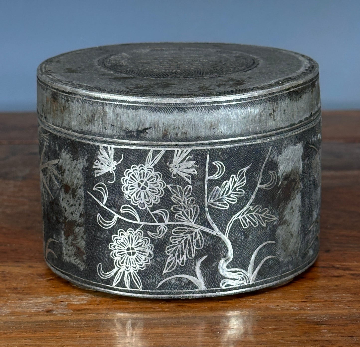 Antique Korean Silver Inlaid Iron Round Tobacco Box Joseon