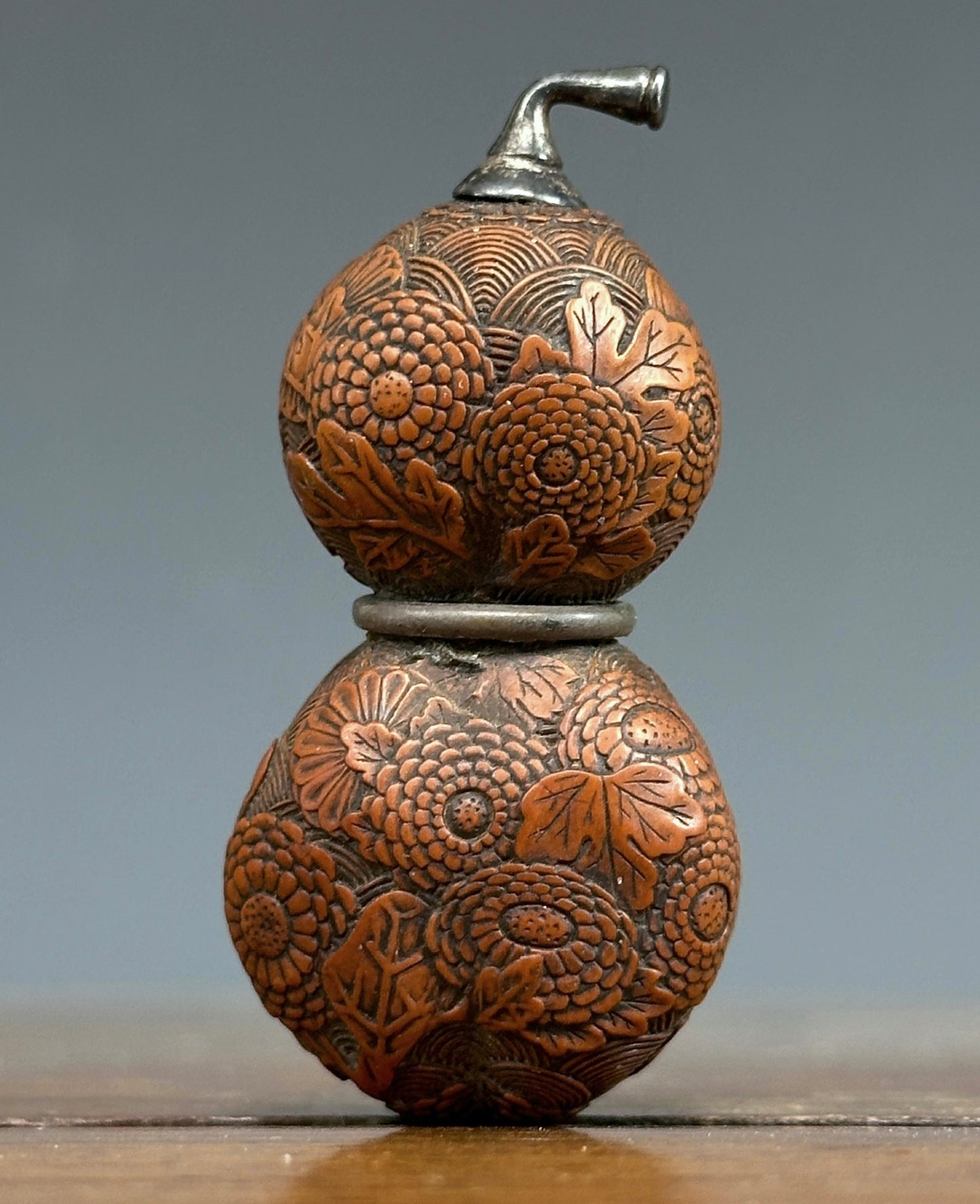 Antique Japanese Carved Gourd Netsuke Silver Fittings Edo Meiji Snuff Bottle Nut
