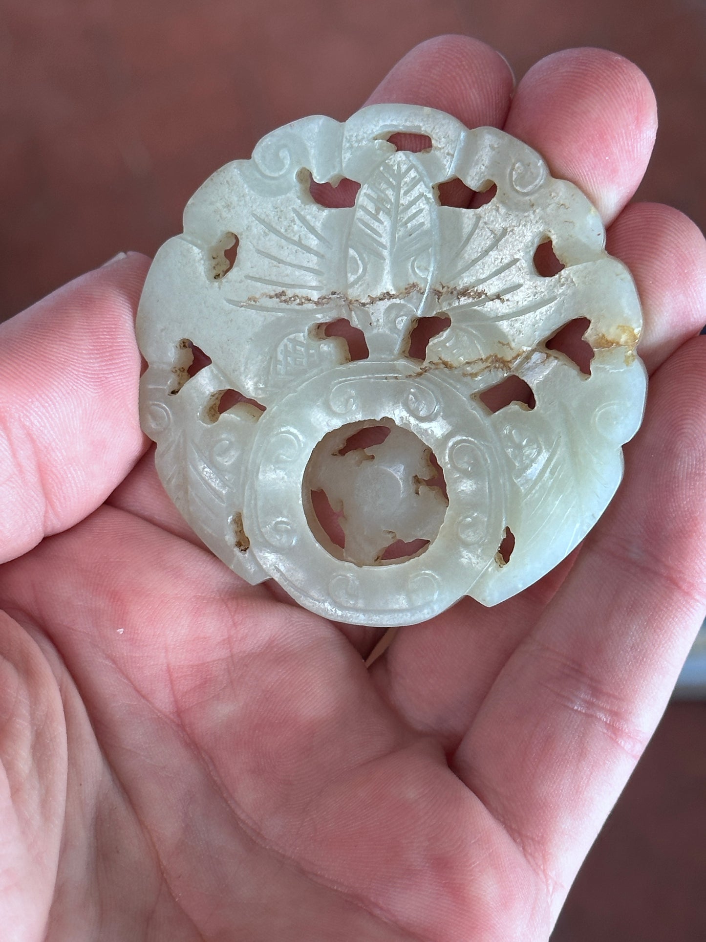 SOLD Antique Chinese Carved White Jade Prayer Wheel Bat Pendant Nephrite Qing 19th c