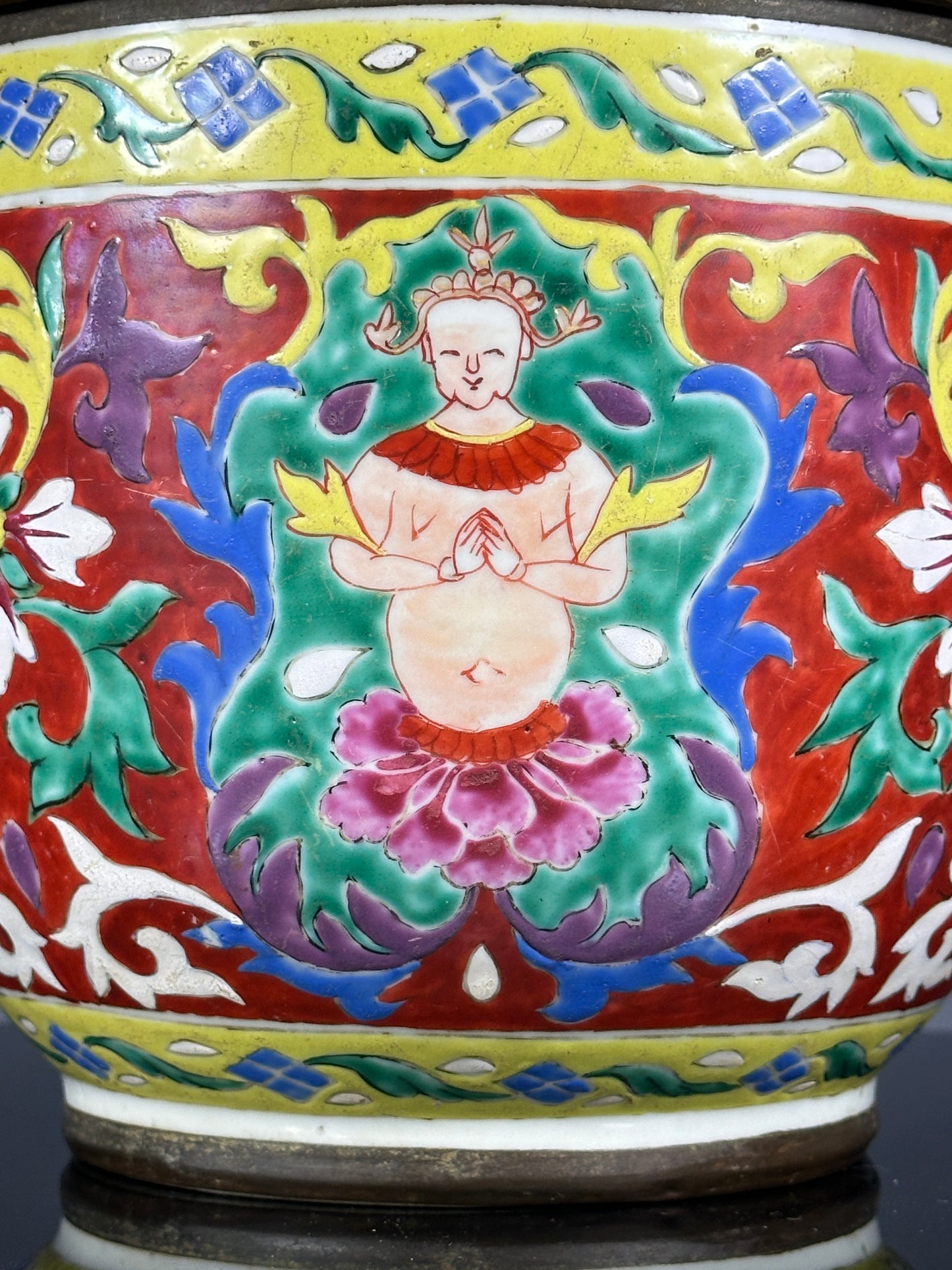 SOLD Antique Chinese Porcelain Bencharong HUGE Toh Lidded Jar Bowl Thai Market 19th c