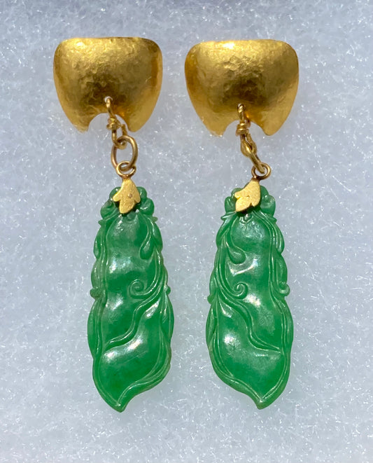 SOLD Antique Carved Apple Green Jadeite Jade “Peapods” 24k Gold Earrings Signed