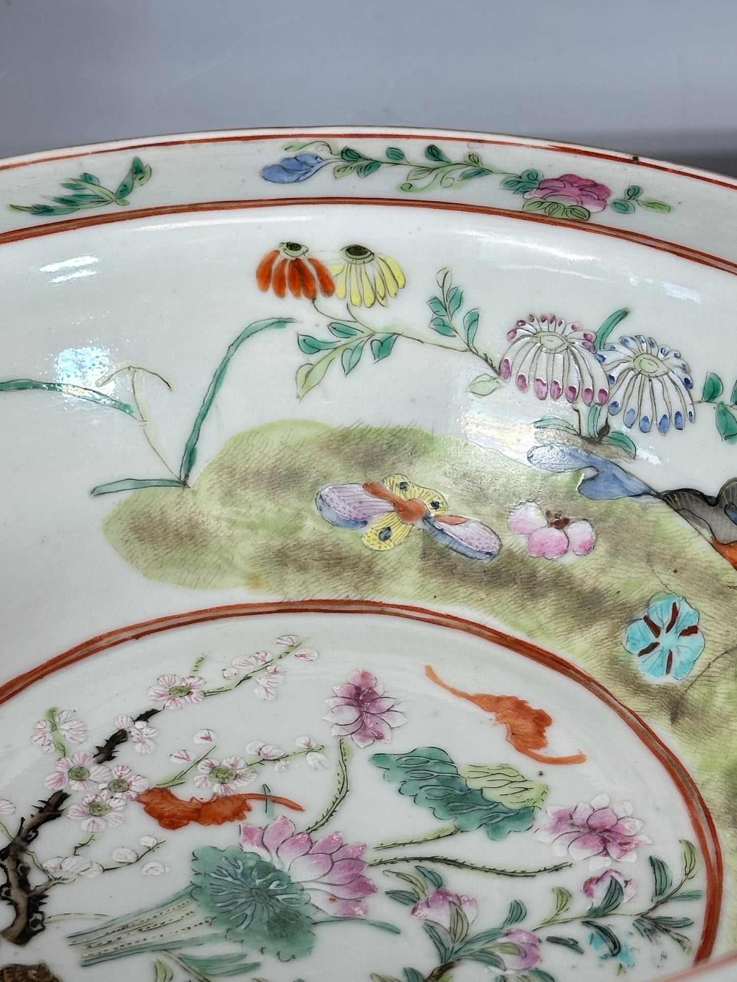Antique Chinese Porcelain Basin Bowl “8 Butterflies” Bats Lotus Famille Rose 19th c Qing